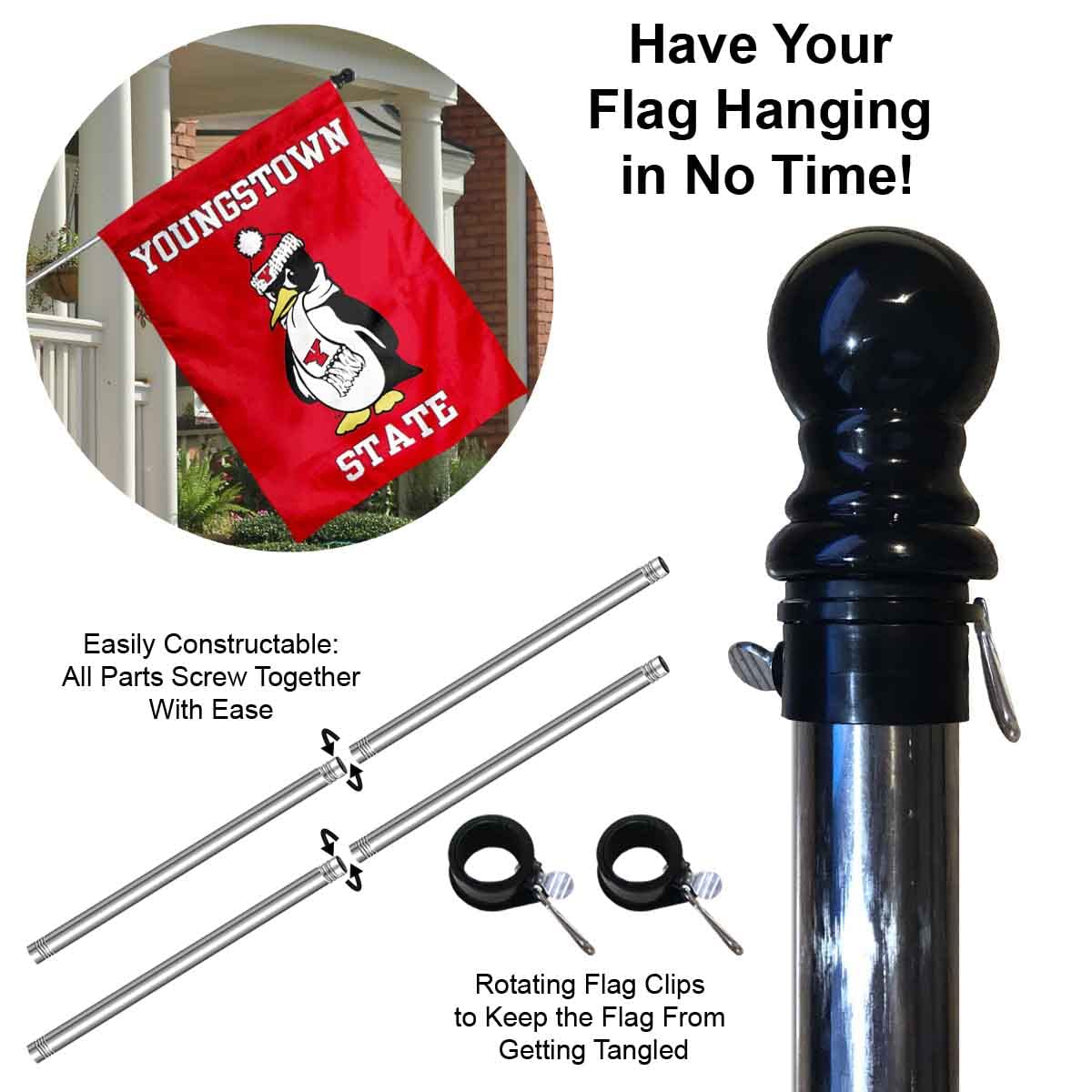 College Flags & Banners Co. YSU Penguins Banner Flag with Flag Pole Set - Sports Collectibles, Sports Memorabilia, Sports Fan Shop, Sports Gifts
