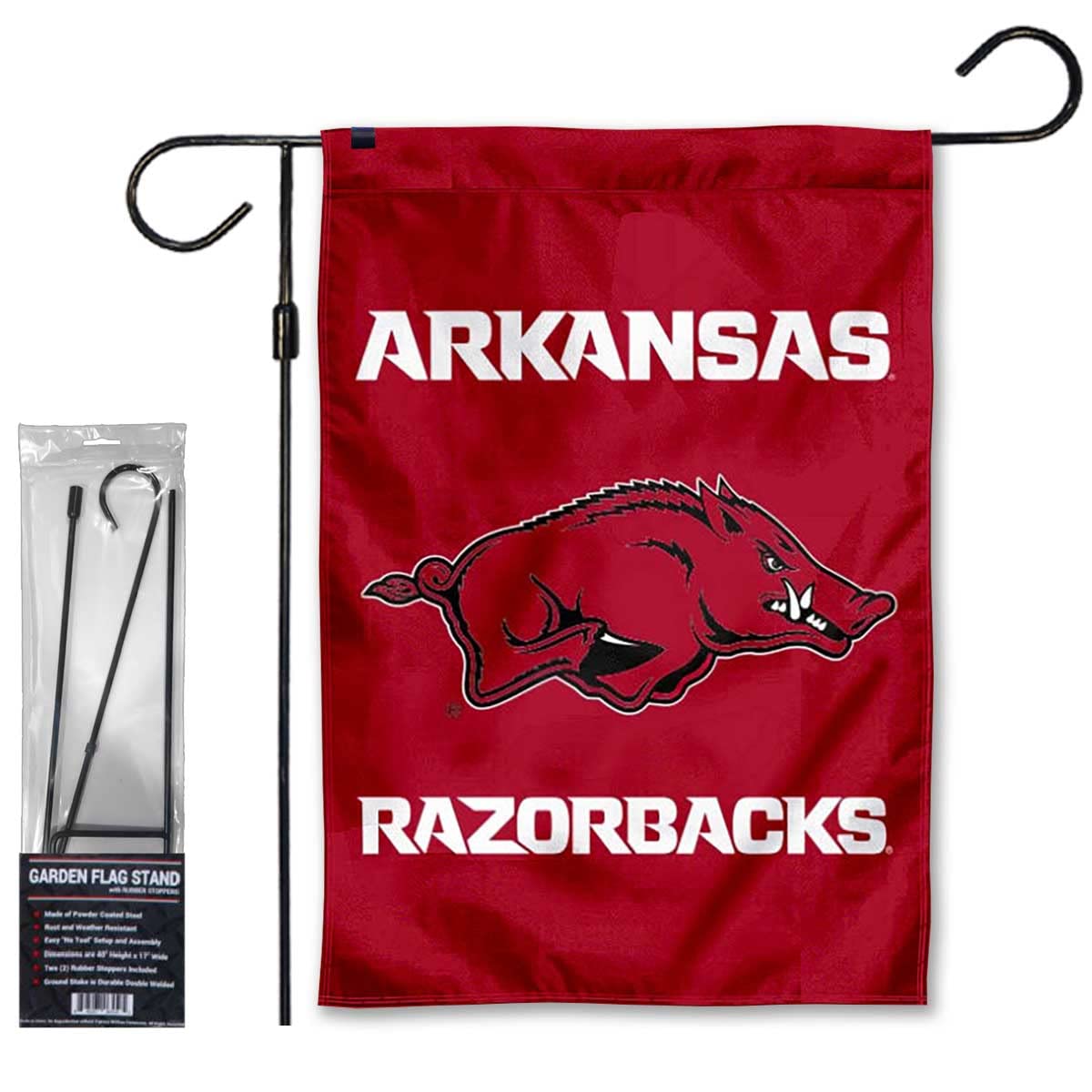 Arkansas Razorbacks Wordmark Garden Banner Flag with Stand Pole Holder - Sports Collectibles, Sports Memorabilia, Sports Fan Shop, Sports Gifts