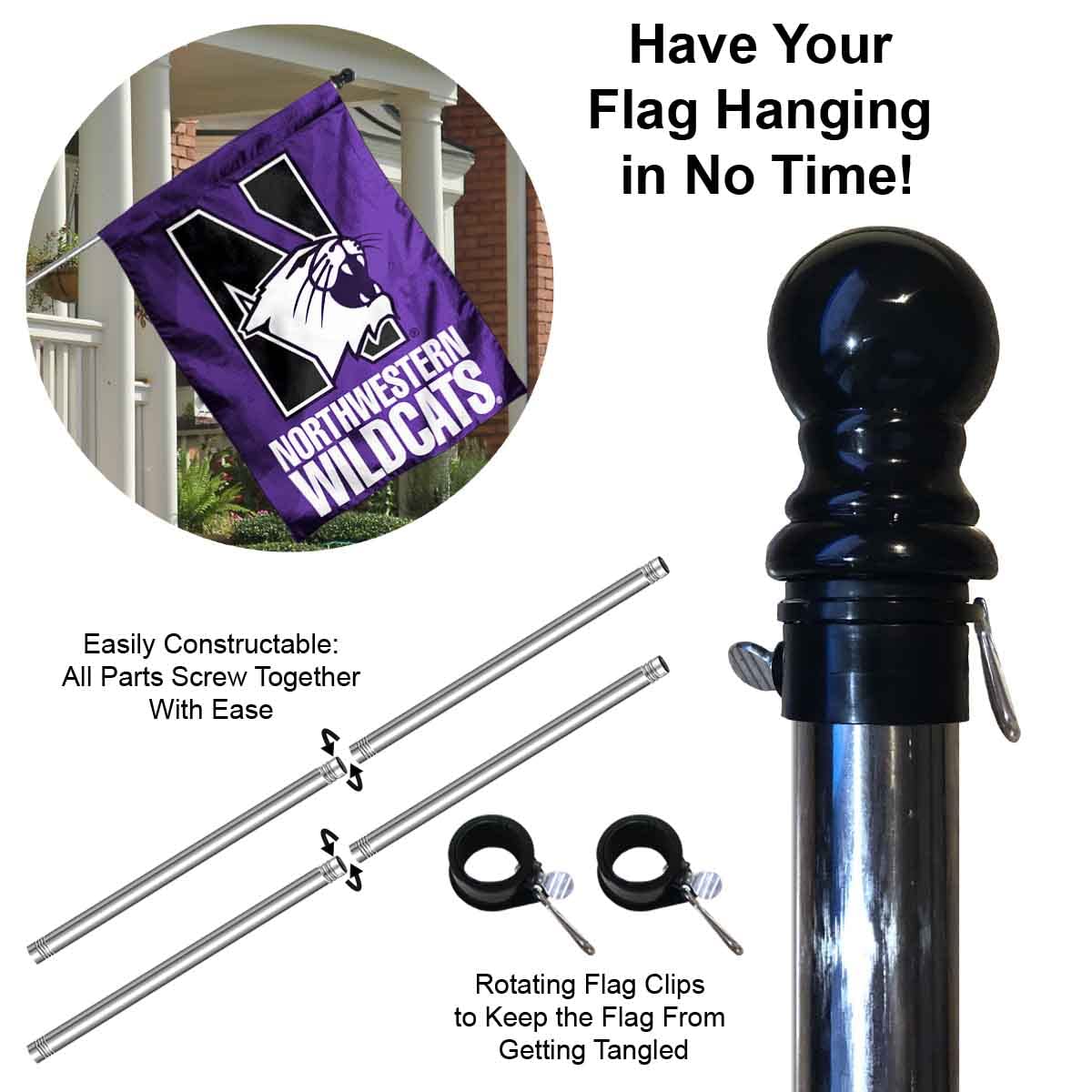 College Flags & Banners Co. Northwestern Wildcats House Flag with Flag Pole Set - Sports Collectibles, Sports Memorabilia, Sports Fan Shop, Sports Gifts