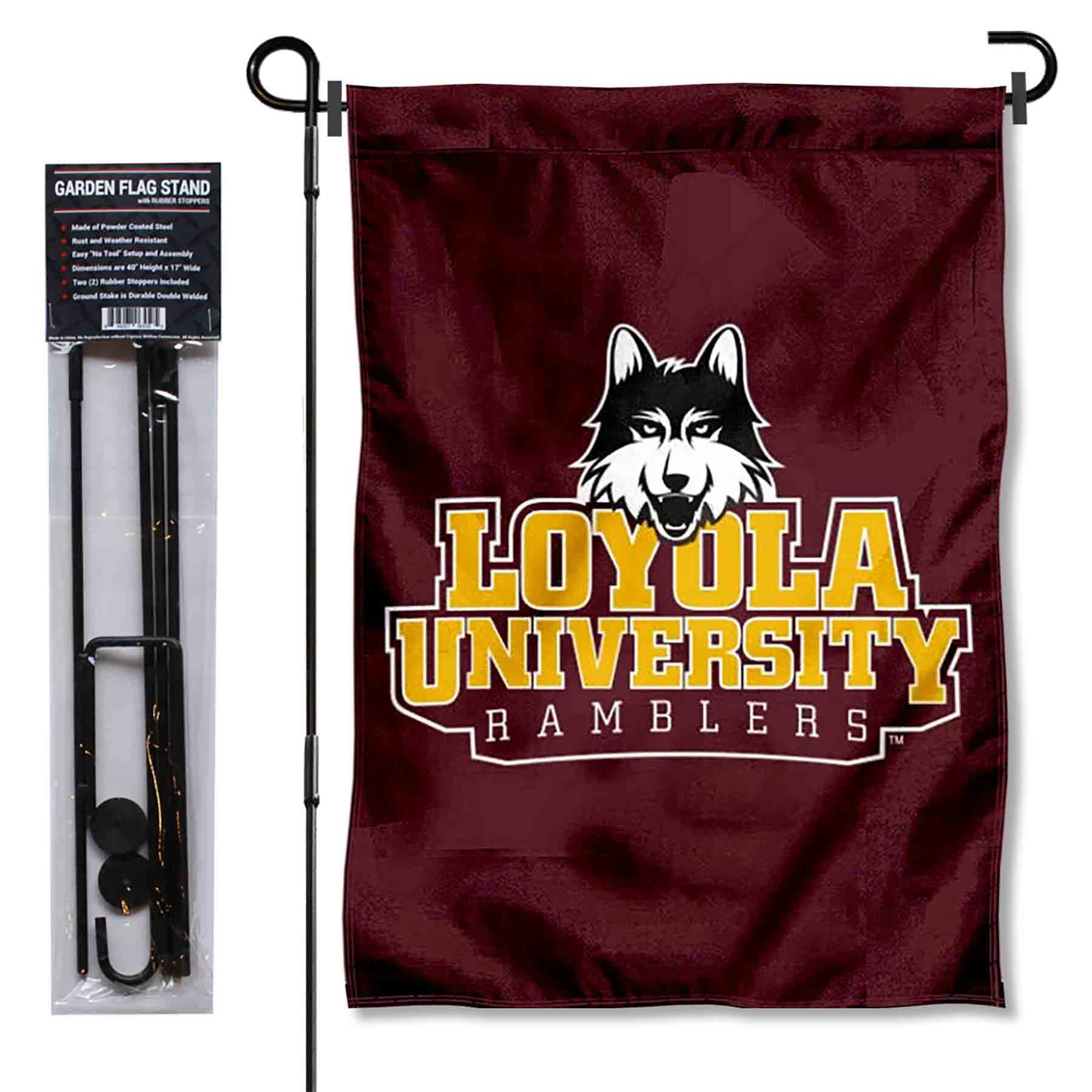 College Flags & Banners Co. Loyola Chicago Ramblers Garden Flag with Pole Stand Holder - Sports Collectibles, Sports Memorabilia, Sports Fan Shop, Sports Gifts