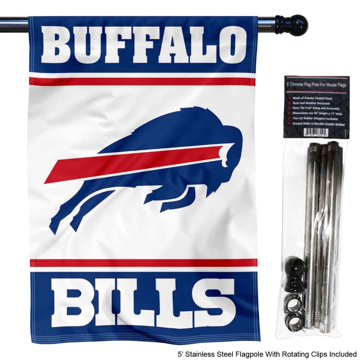 WinCraft Bills White Banner House Flag and 5 Foot Flagpole Set - Sports Collectibles, Sports Memorabilia, Sports Fan Shop, Sports Gifts