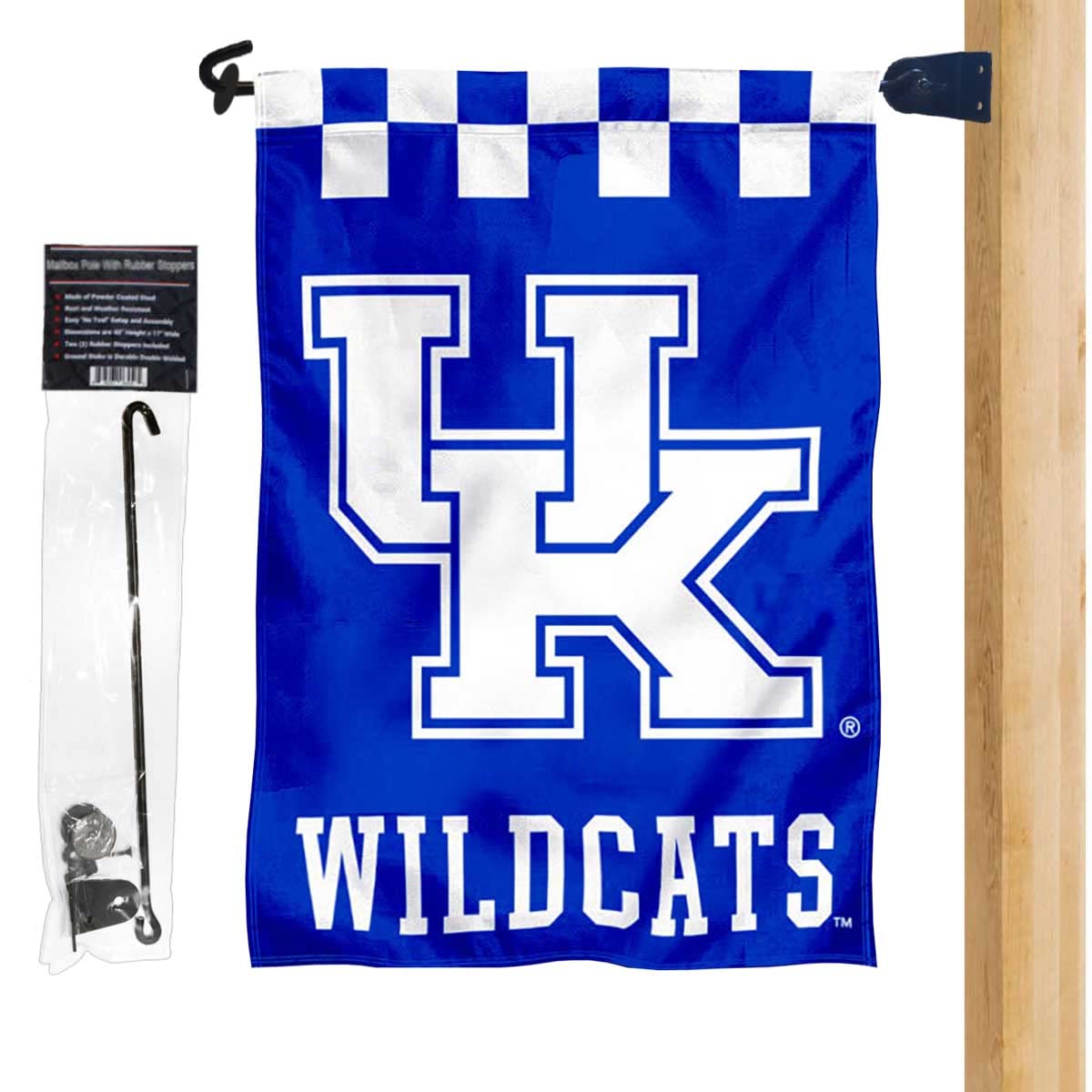 Kentucky Wildcats Checkered Logo Garden Flag and Mailbox Post Pole Mount Holder Set - Sports Collectibles, Sports Memorabilia, Sports Fan Shop, Sports Gifts