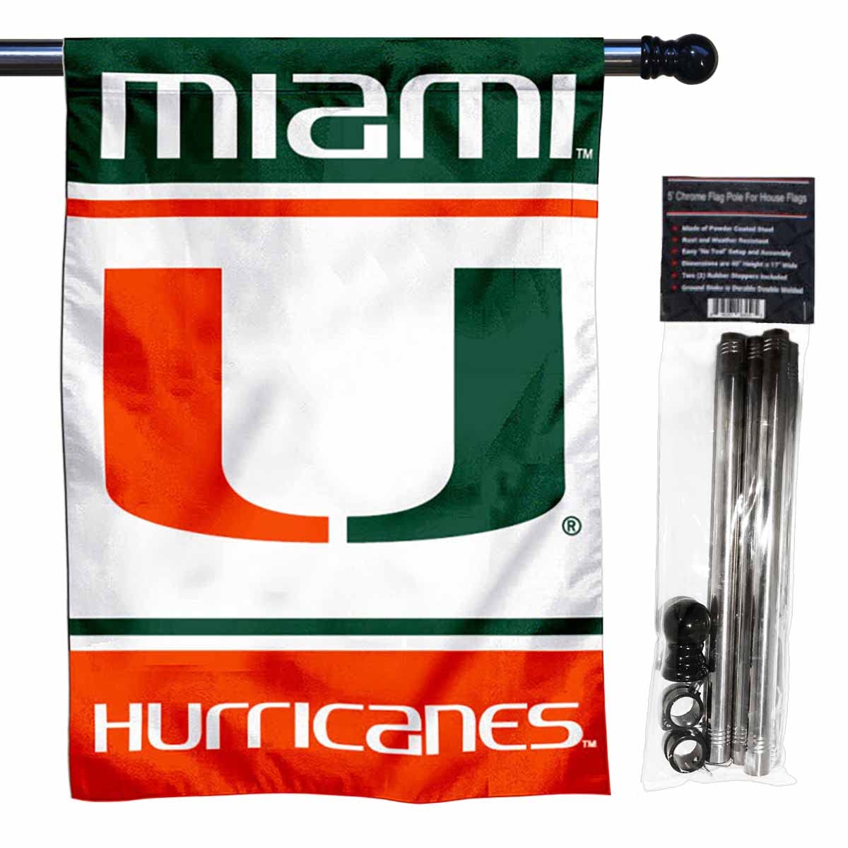 College Flags & Banners Co. Miami Hurricanes House Flag with Flag Pole Set - Sports Collectibles, Sports Memorabilia, Sports Fan Shop, Sports Gifts