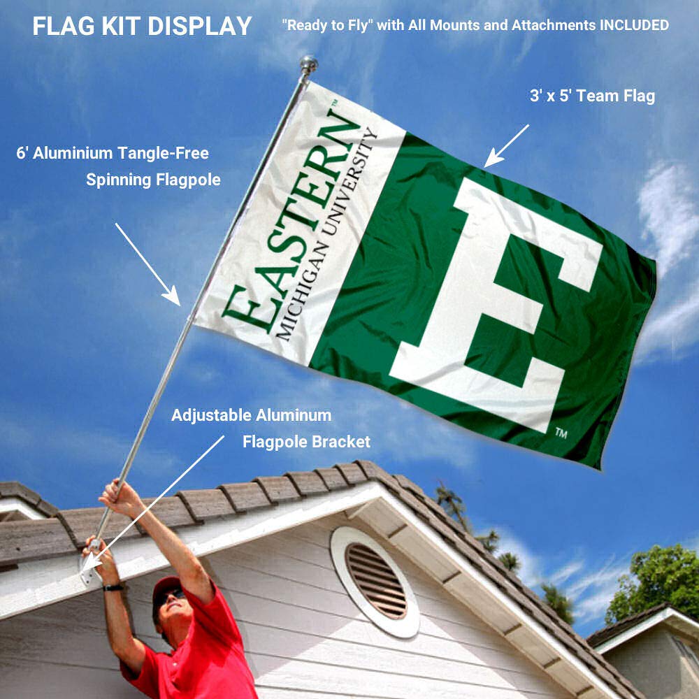 College Flags & Banners Co. Eastern Michigan Eagles Flag with Pole and Bracket Complete Set - Sports Collectibles, Sports Memorabilia, Sports Fan Shop, Sports Gifts