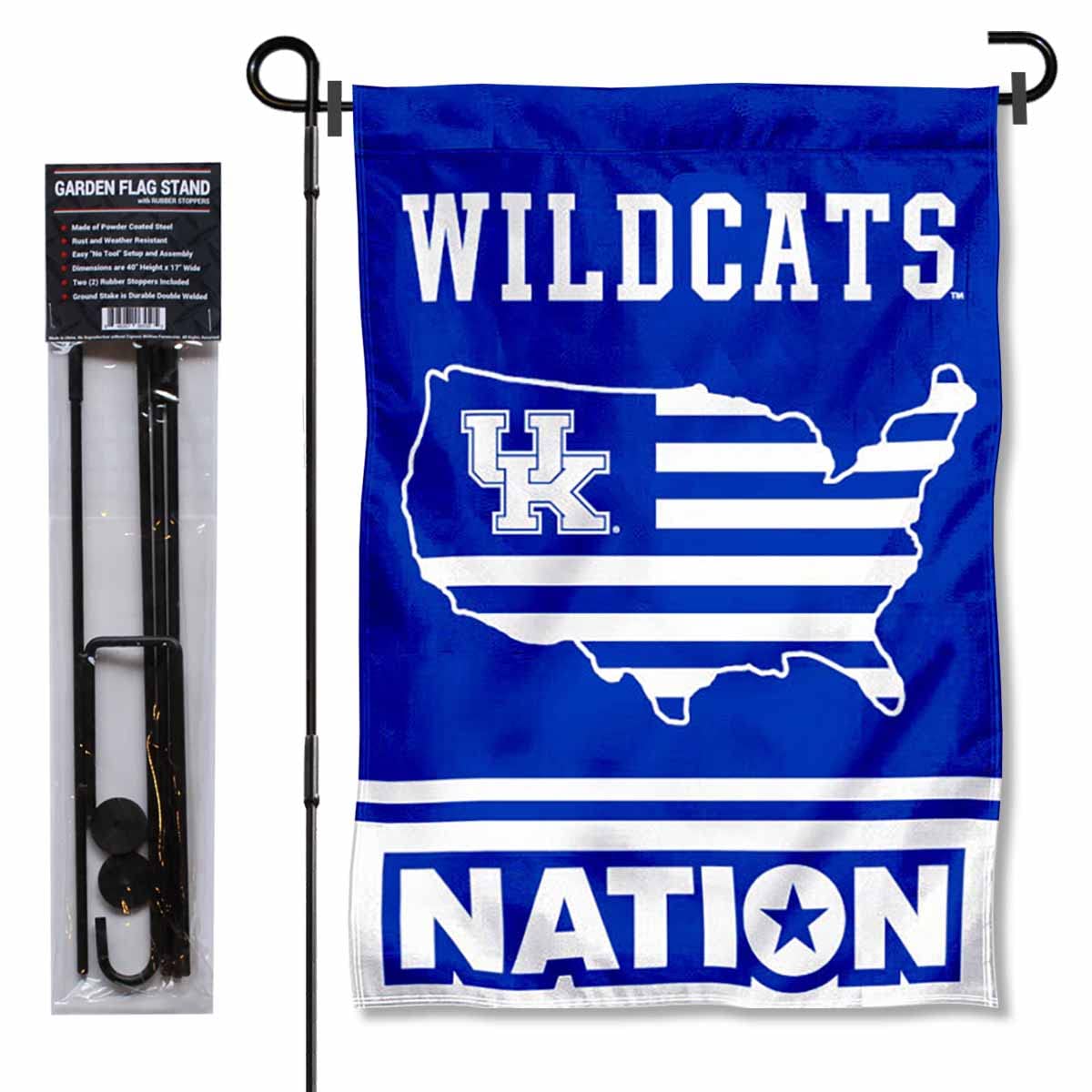 College Flags & Banners Co. Kentucky Wildcats Stars and Stripes Garden Flag with Stand Holder - Sports Collectibles, Sports Memorabilia, Sports Fan Shop, Sports Gifts
