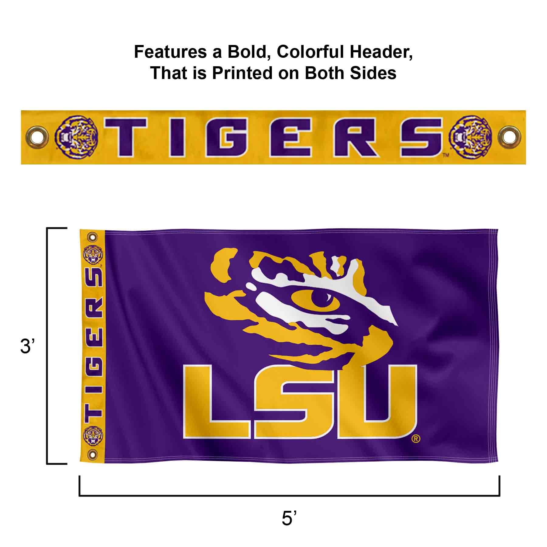 College Flags & Banners Co. Louisiana State LSU Tigers Printed Header 3x5 Foot Banner Flag - Sports Collectibles, Sports Memorabilia, Sports Fan Shop, Sports Gifts