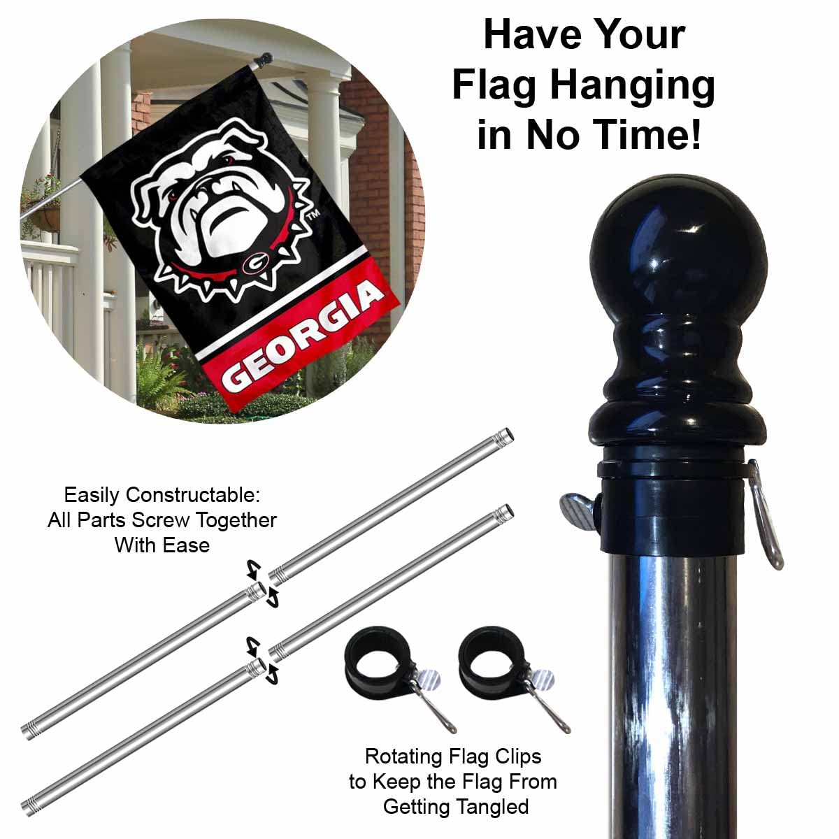 College Flags & Banners Co. UGA Bulldogs "New Dog" Double Sided House Banner Flag with Flag Pole Set - Sports Collectibles, Sports Memorabilia, Sports Fan Shop, Sports Gifts