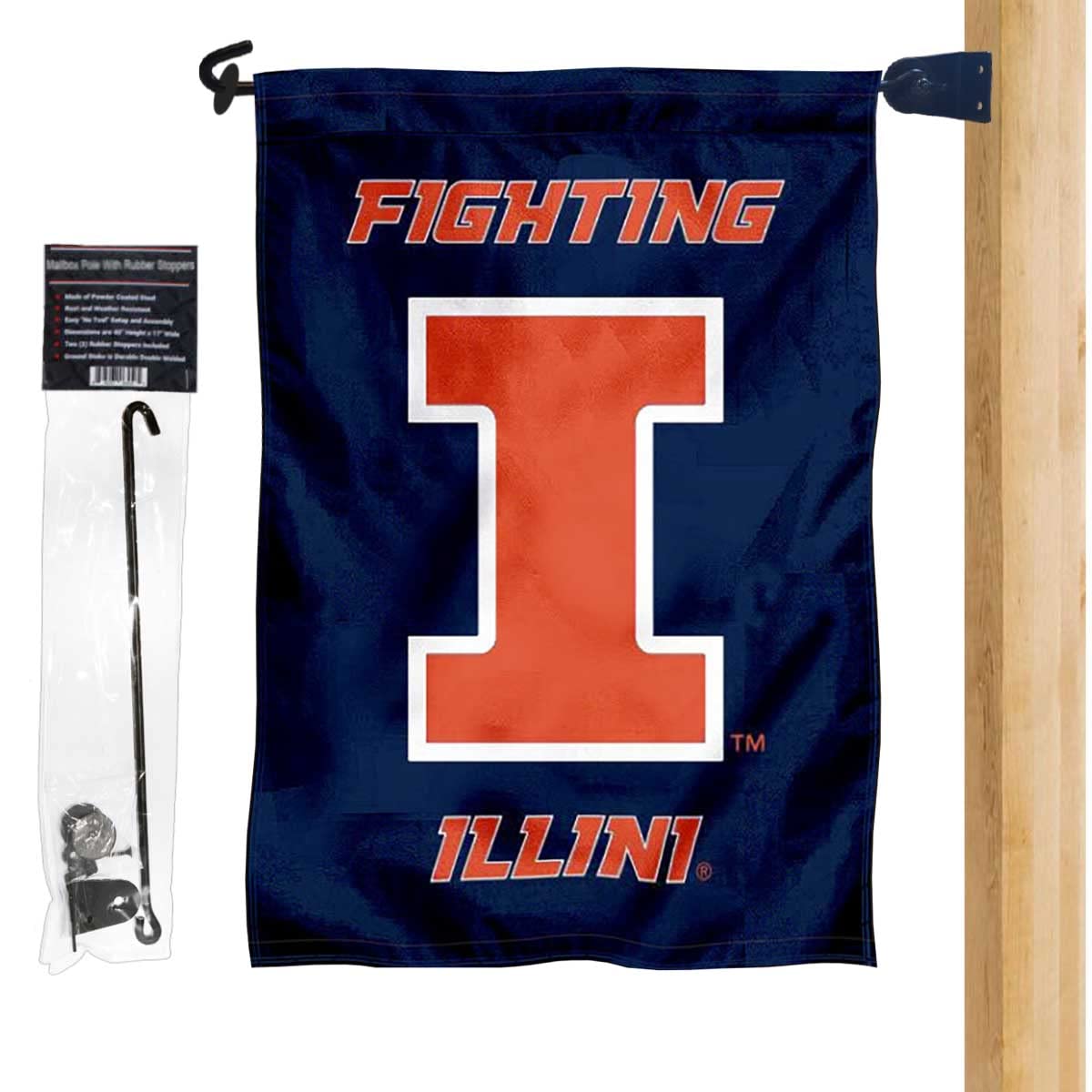 Fighting Illini New Logo Garden Flag and Mailbox Post Pole Mount Holder Set - Sports Collectibles, Sports Memorabilia, Sports Fan Shop, Sports Gifts