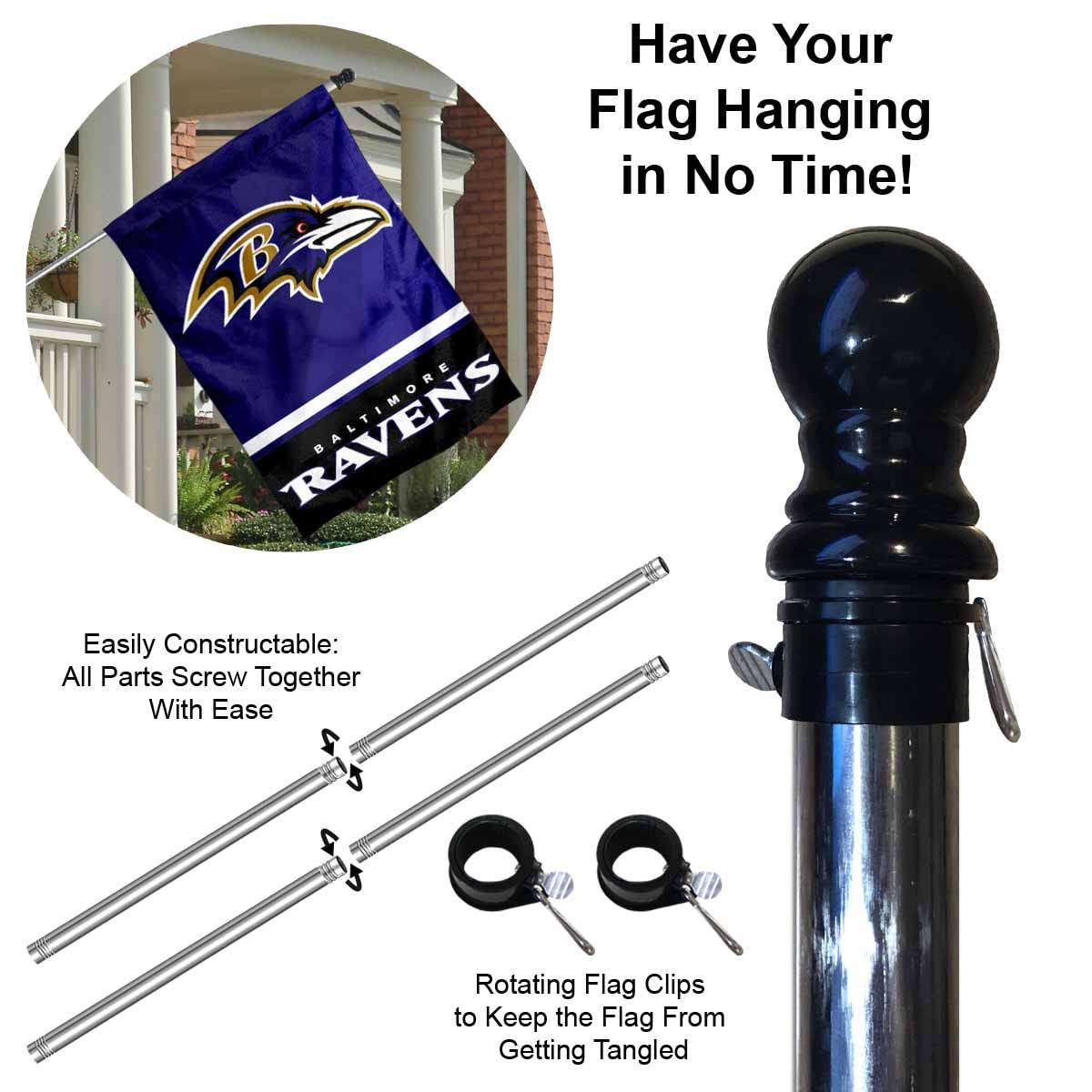 WinCraft Ravens Banner House Flag and 5 Foot Flagpole Set - Sports Collectibles, Sports Memorabilia, Sports Fan Shop, Sports Gifts