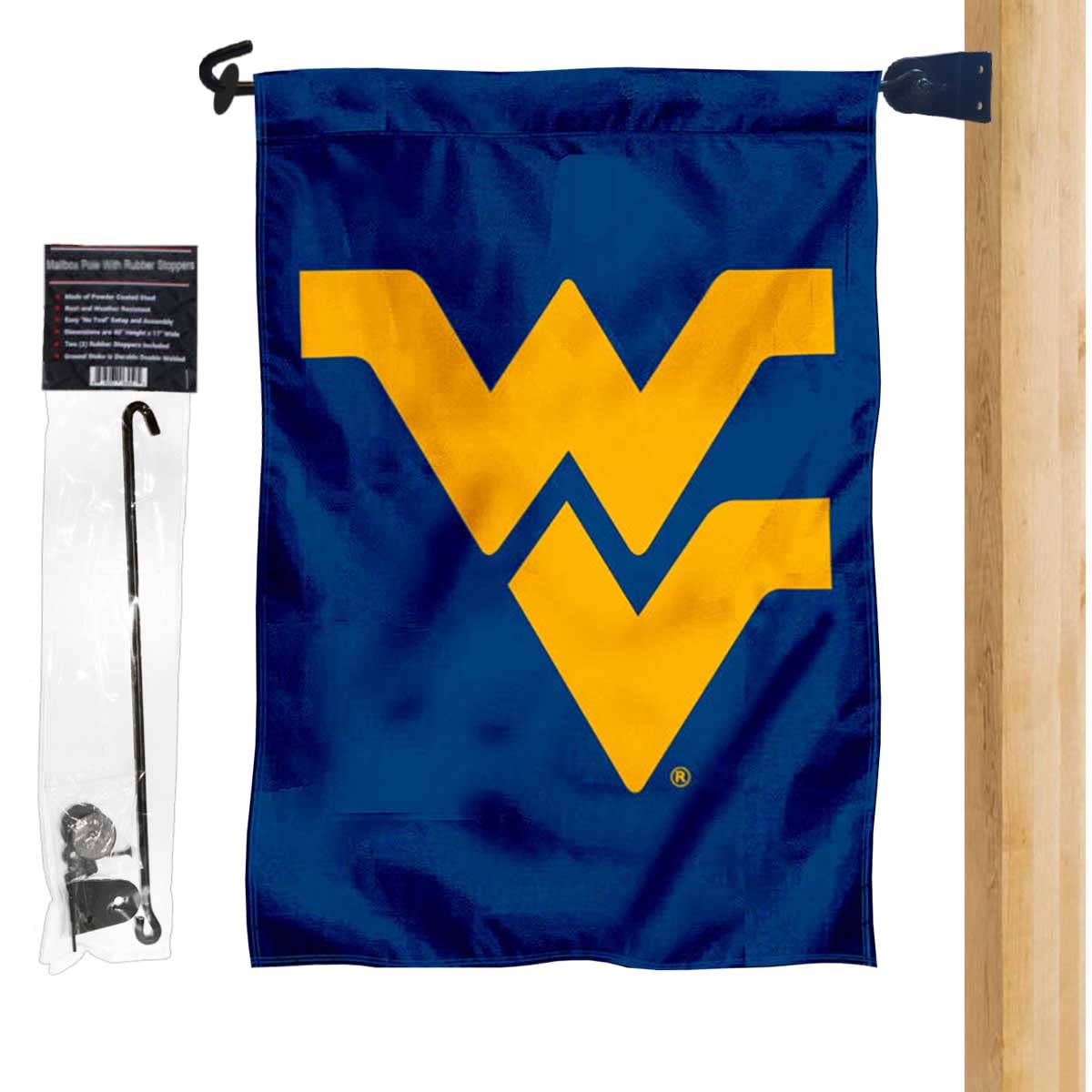 West Virginia University Blue Garden Flag and Mailbox Post Pole Mount Holder Set - Sports Collectibles, Sports Memorabilia, Sports Fan Shop, Sports Gifts