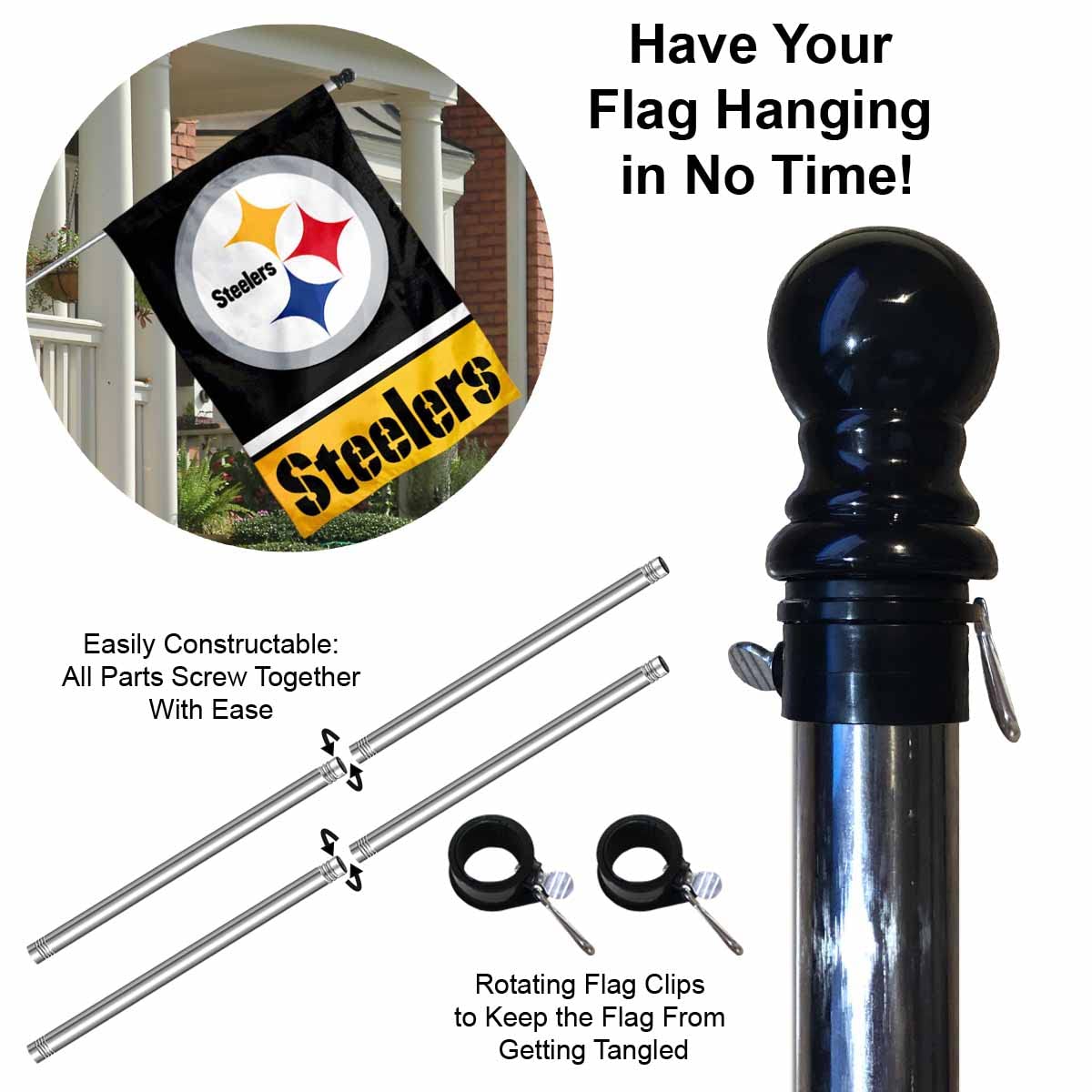 WinCraft Steelers Banner House Flag and 5 Foot Flagpole Set - Sports Collectibles, Sports Memorabilia, Sports Fan Shop, Sports Gifts