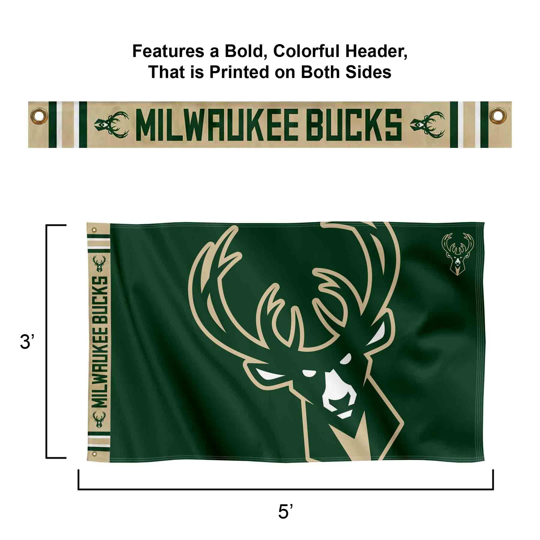 WinCraft Milwaukee Bucks Printed Header 3x5 Premium Banner Flag - Sports Collectibles, Sports Memorabilia, Sports Fan Shop, Sports Gifts