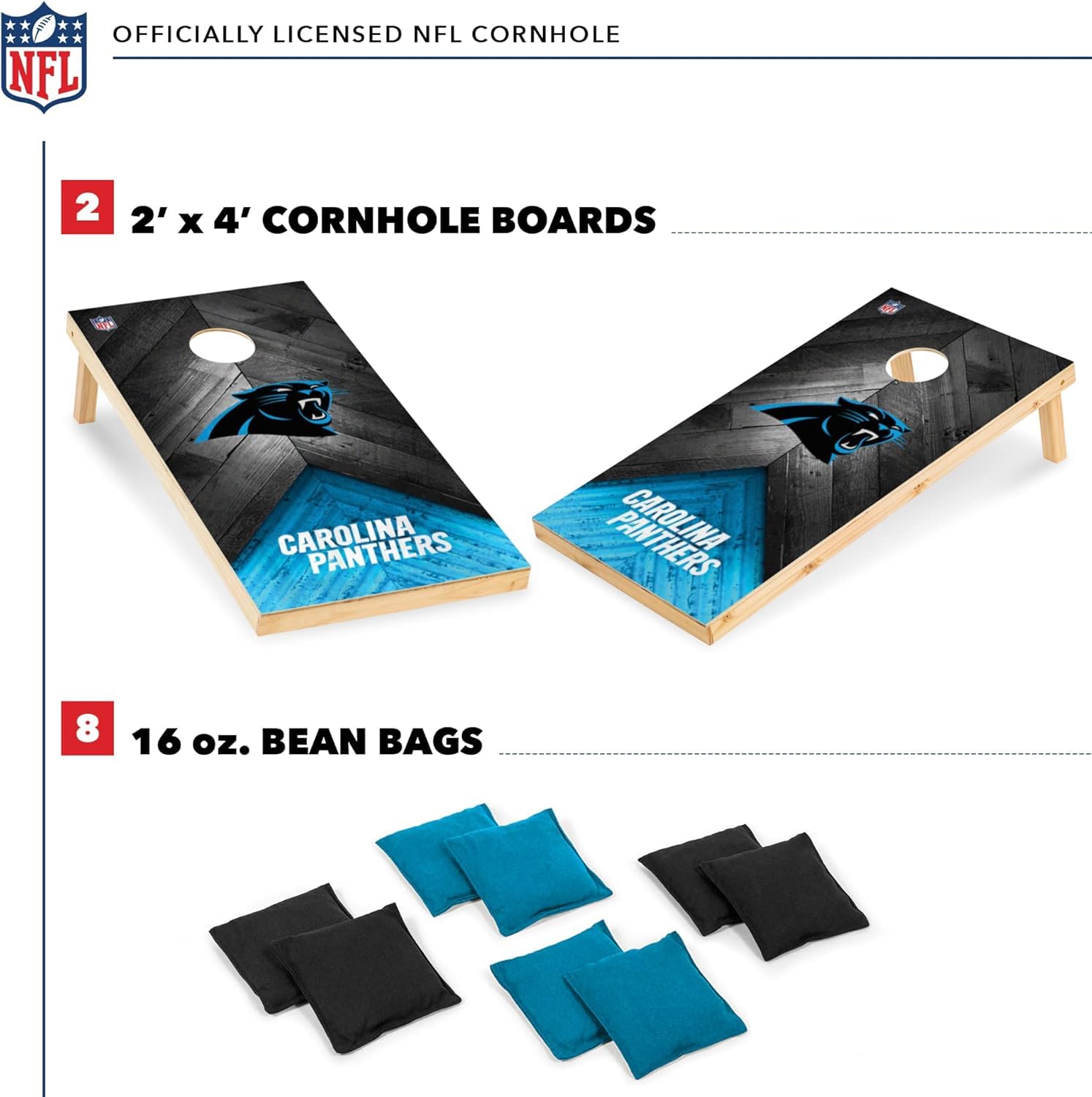 Wild Sports NFL Carolina Panthers 2' x 4' Regulation Size Solid Wood Cornhole Set with Direct Print HD Team Graphics - Sports Collectibles, Sports Memorabilia, Sports Fan Shop, Sports Gifts