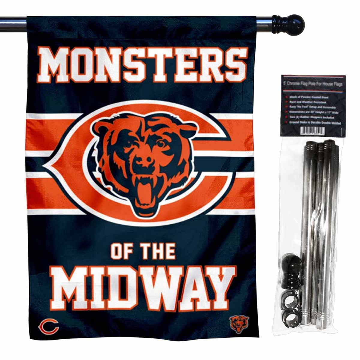 WinCraft Bears Monsters of The Midway Banner House Flag and 5 Foot Flagpole Set - Sports Collectibles, Sports Memorabilia, Sports Fan Shop, Sports Gifts