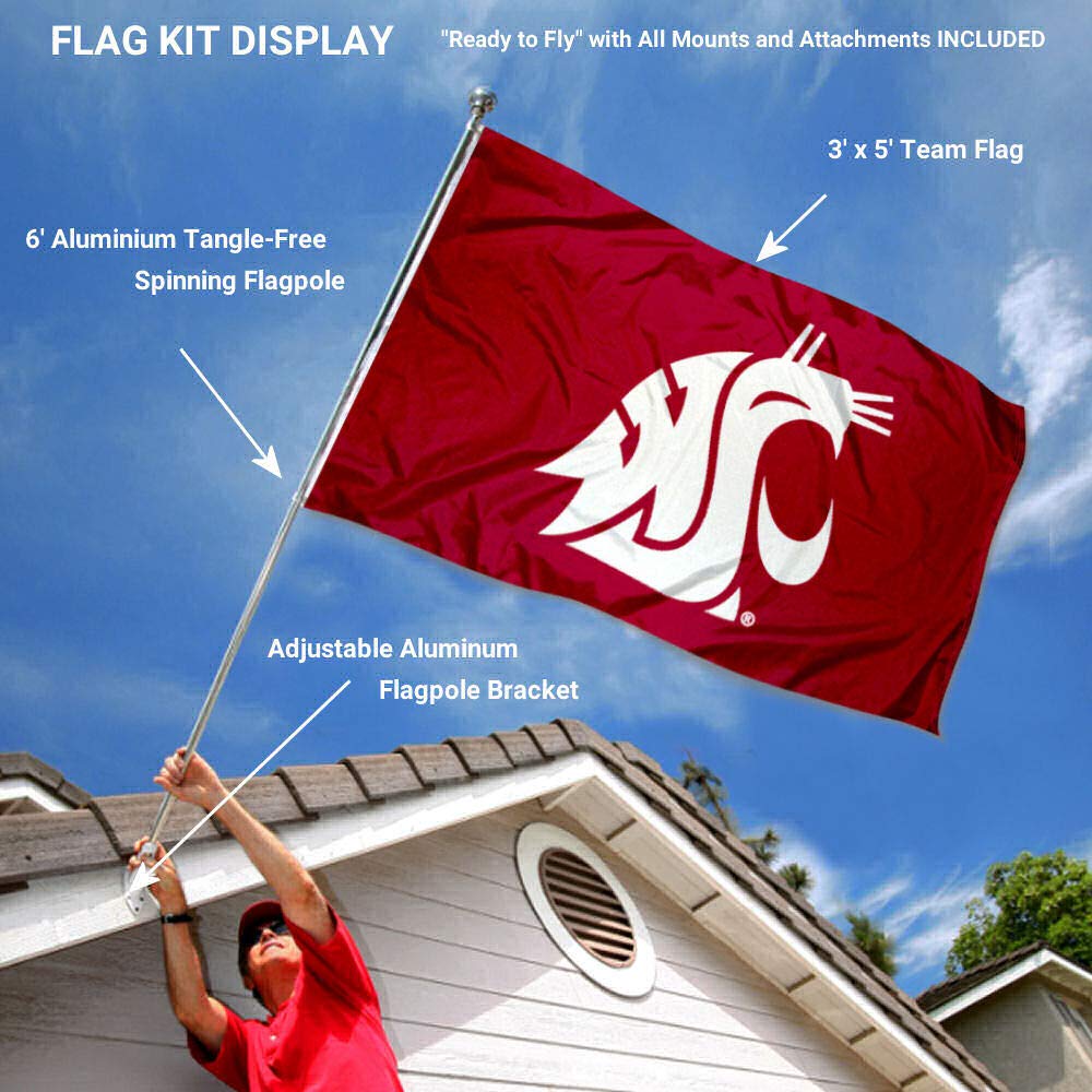 College Flags & Banners Co. Washington State Cougars Wave The Flag Flag with Pole and Bracket Kit - Sports Collectibles, Sports Memorabilia, Sports Fan Shop, Sports Gifts