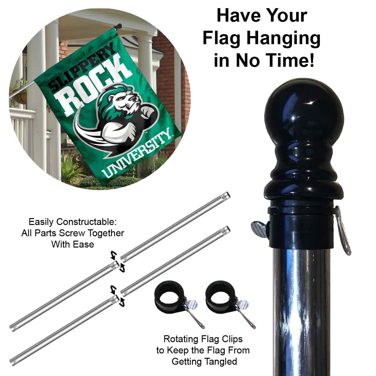 College Flags & Banners Co. Slippery Rock Double Sided House Flag with Flag Pole Set - Sports Collectibles, Sports Memorabilia, Sports Fan Shop, Sports Gifts