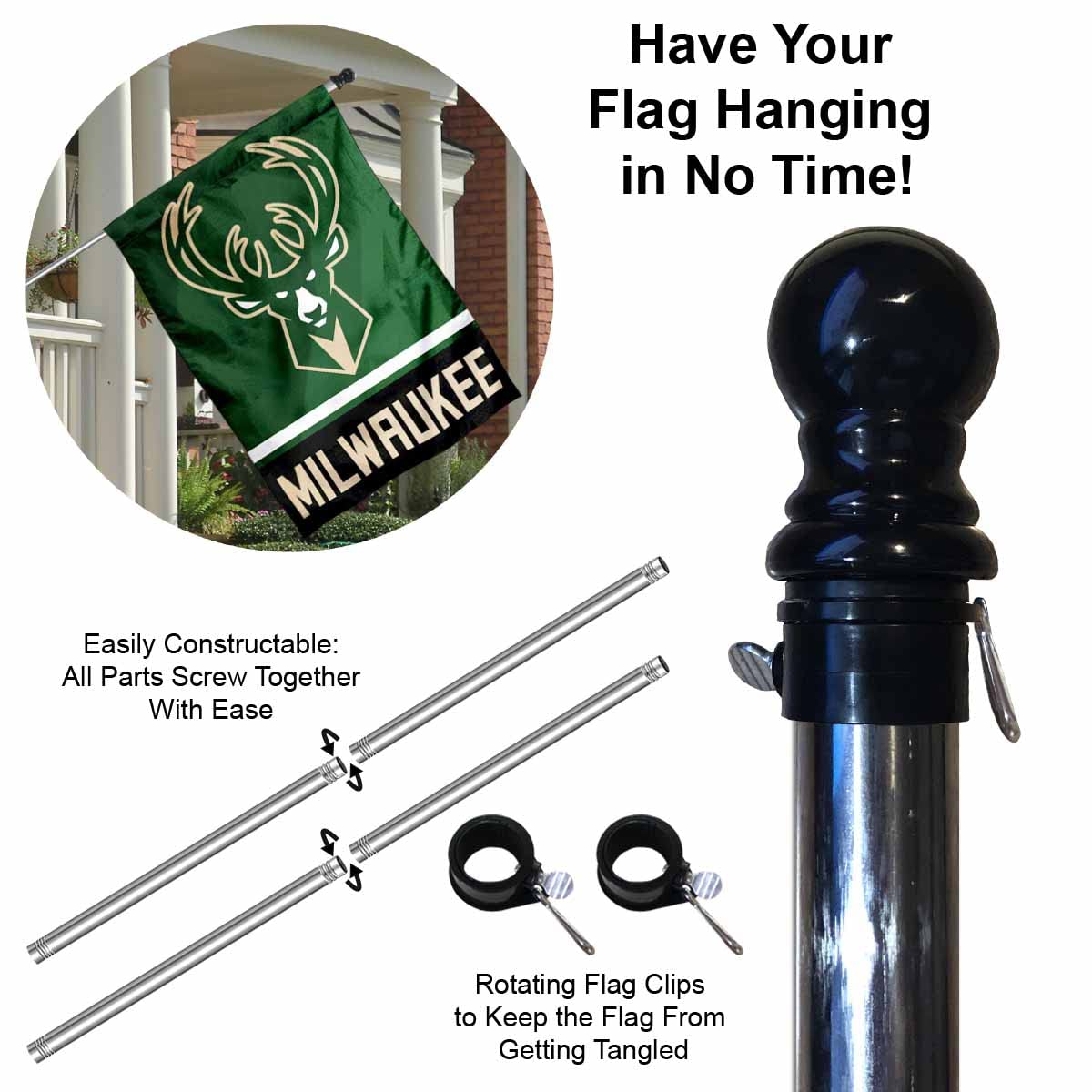 WinCraft Bucks Banner House Flag and 5 Foot Flagpole Set - Sports Collectibles, Sports Memorabilia, Sports Fan Shop, Sports Gifts