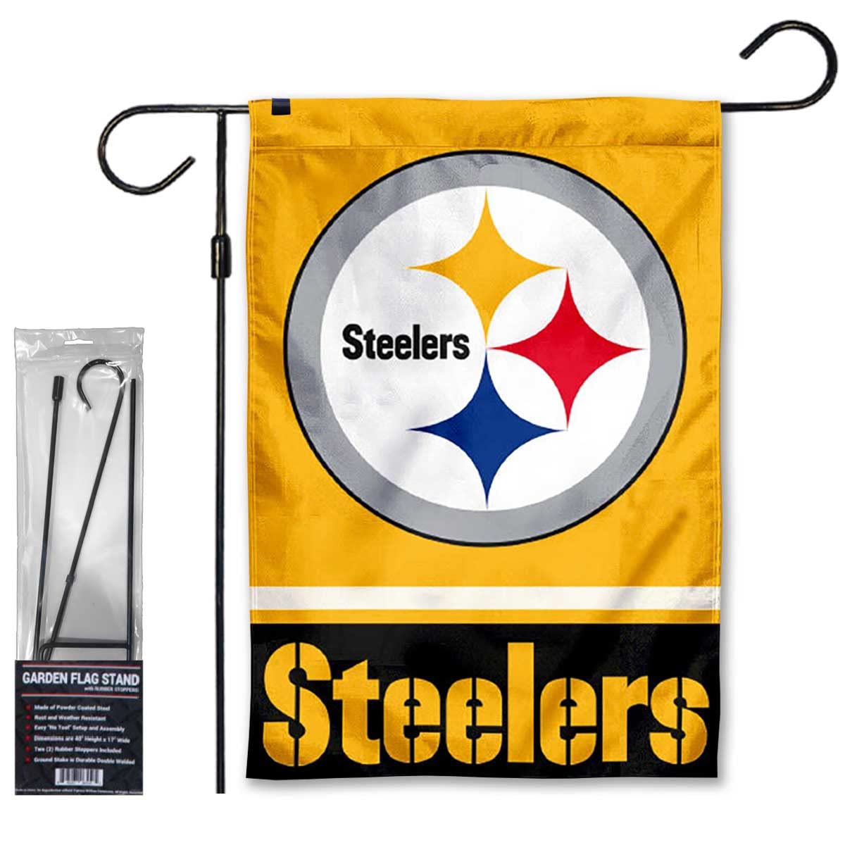 WinCraft Steelers Gold Garden Flag and Stand Pole Holder Mount - Sports Collectibles, Sports Memorabilia, Sports Fan Shop, Sports Gifts
