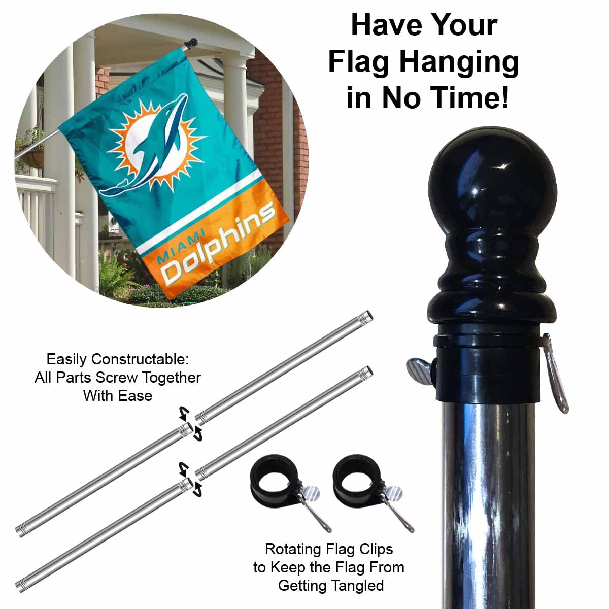 WinCraft Dolphins Banner House Flag and 5 Foot Flagpole Set - Sports Collectibles, Sports Memorabilia, Sports Fan Shop, Sports Gifts