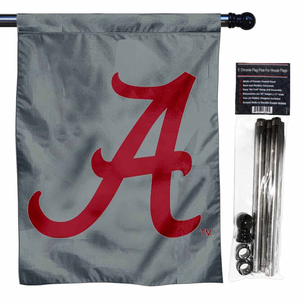 College Flags & Banners Co. Crimson Tide Double Logo Gray Banner Flag with Pole Set - Sports Collectibles, Sports Memorabilia, Sports Fan Shop, Sports Gifts