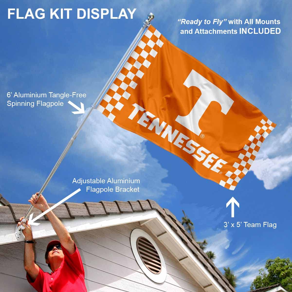 College Flags & Banners Co. Volunteers Checkerboard Flag with Pole and Bracket Holder University Set - Sports Collectibles, Sports Memorabilia, Sports Fan Shop, Sports Gifts