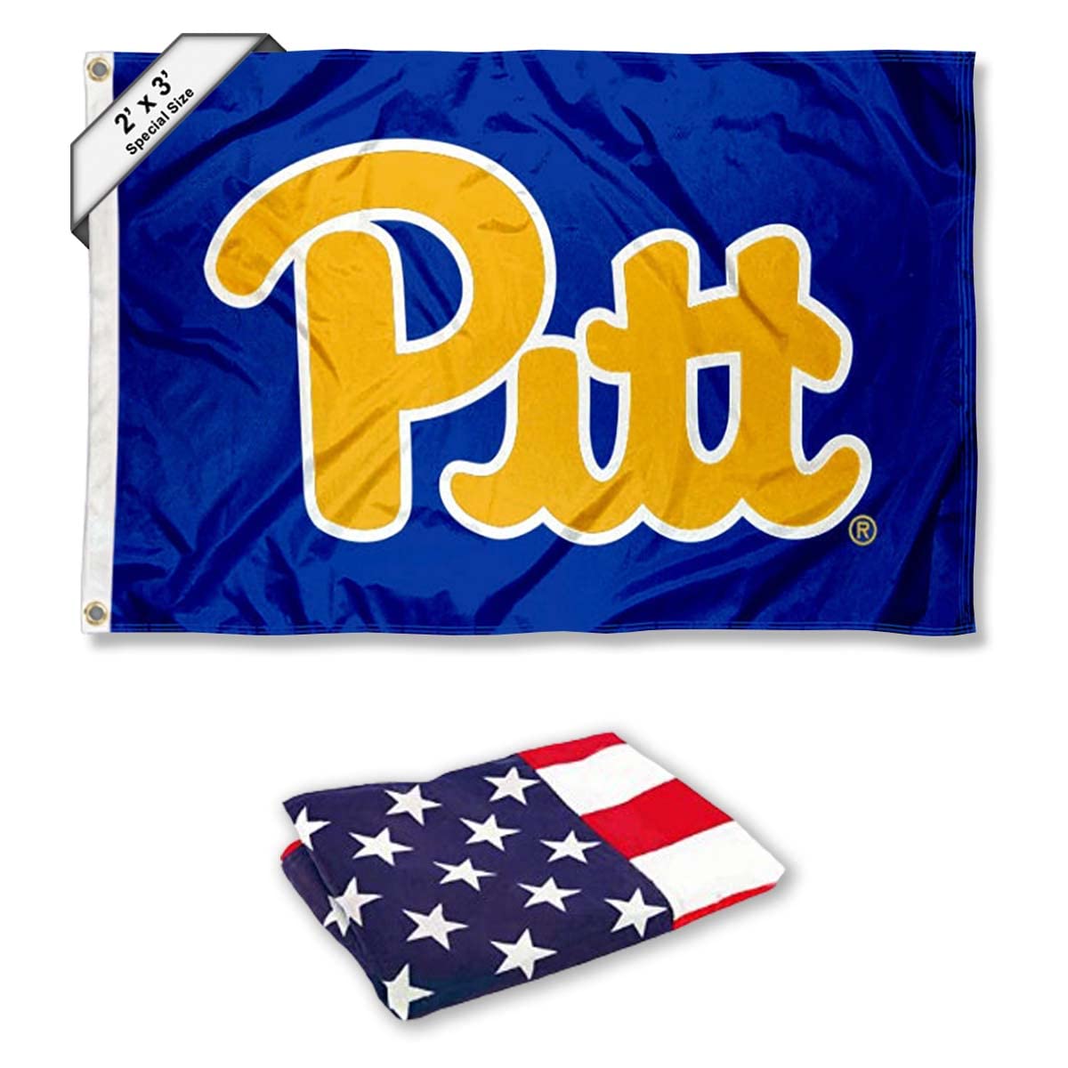 Pittsburgh Panthers 2x3 Foot Small Flag and USA 3x5 Flag Set - Sports Collectibles, Sports Memorabilia, Sports Fan Shop, Sports Gifts