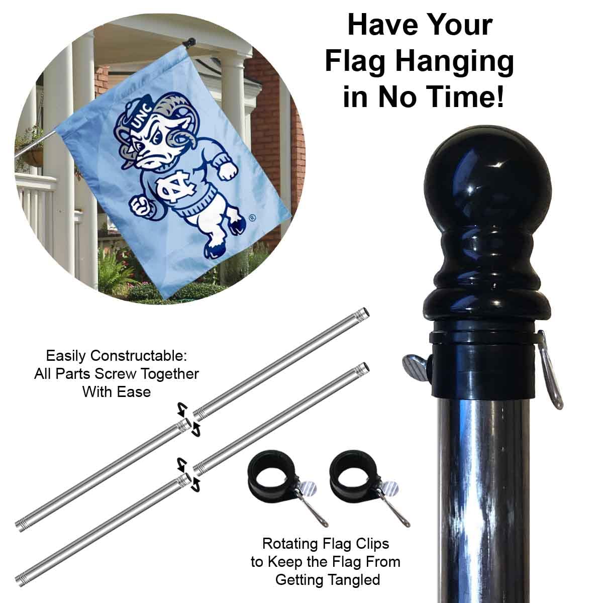 College Flags & Banners Co. North Carolina Tar Heel House Flag with Flag Pole Set - Sports Collectibles, Sports Memorabilia, Sports Fan Shop, Sports Gifts