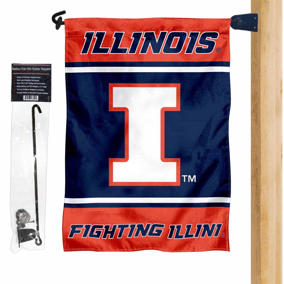 College Flags & Banners Co. Illinois Fighting Illini Garden Flag and Mailbox Post Pole Mount Holder Set - Sports Collectibles, Sports Memorabilia, Sports Fan Shop, Sports Gifts