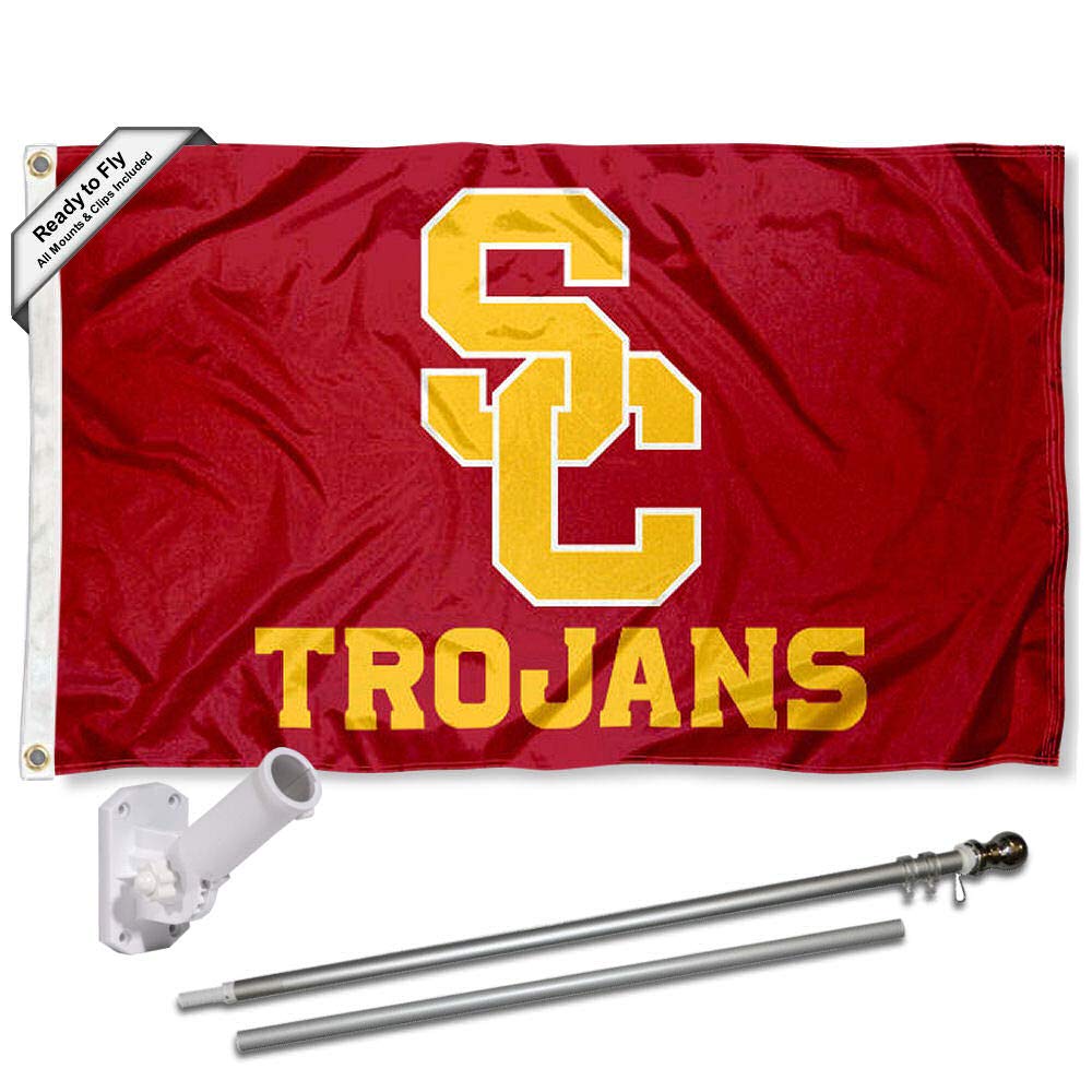 College Flags & Banners Co. USC Trojans SC Logo Flag with Pole and Bracket Holder University Set - Sports Collectibles, Sports Memorabilia, Sports Fan Shop, Sports Gifts