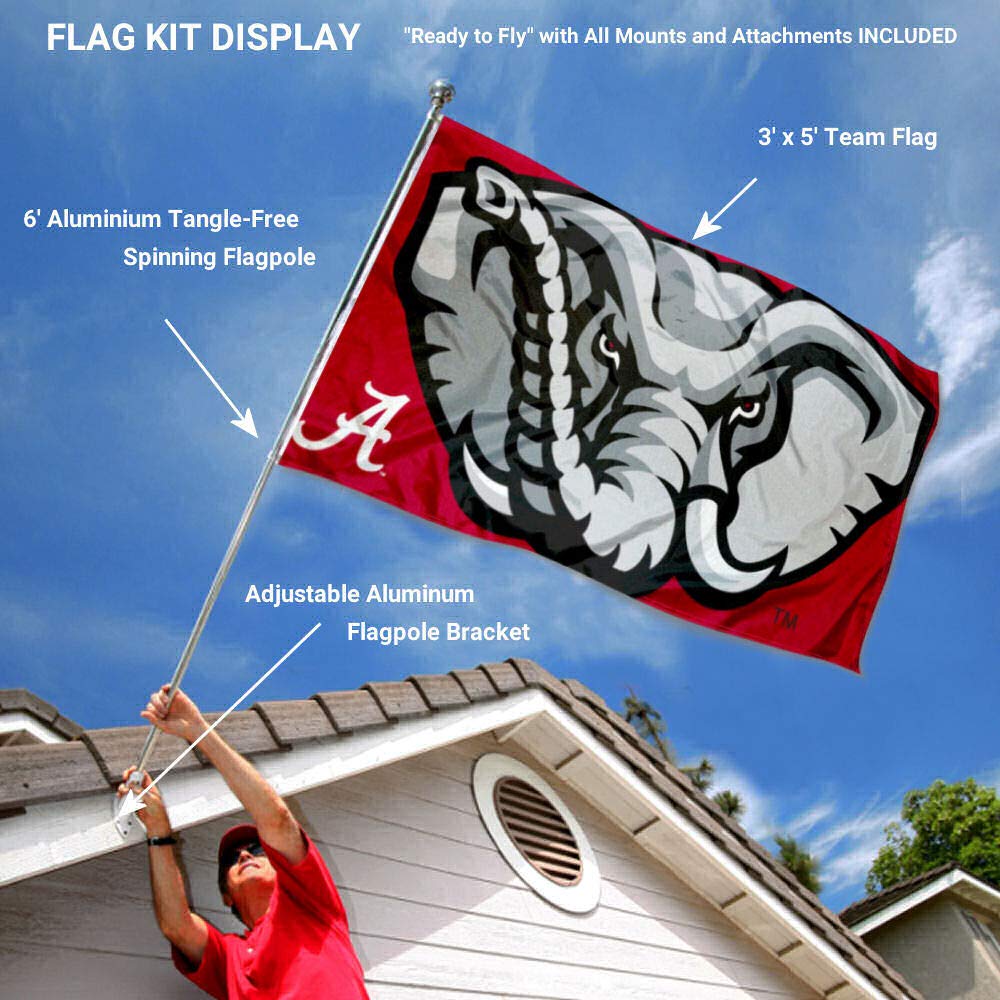 College Flags & Banners Co. Alabama Crimson Tide Head Flag with Pole and Bracket Kit - Sports Collectibles, Sports Memorabilia, Sports Fan Shop, Sports Gifts