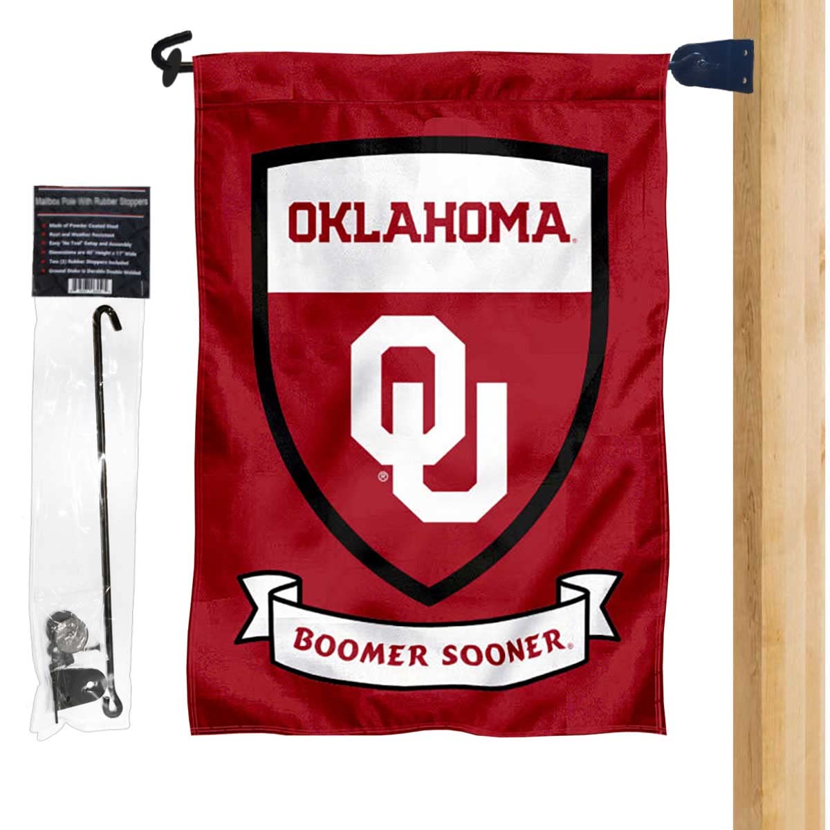 College Flags & Banners Co. University of Oklahoma Boomer Sooner Shield Garden Flag and Mailbox Post Pole Mount Holder Set - Sports Collectibles, Sports Memorabilia, Sports Fan Shop, Sports Gifts