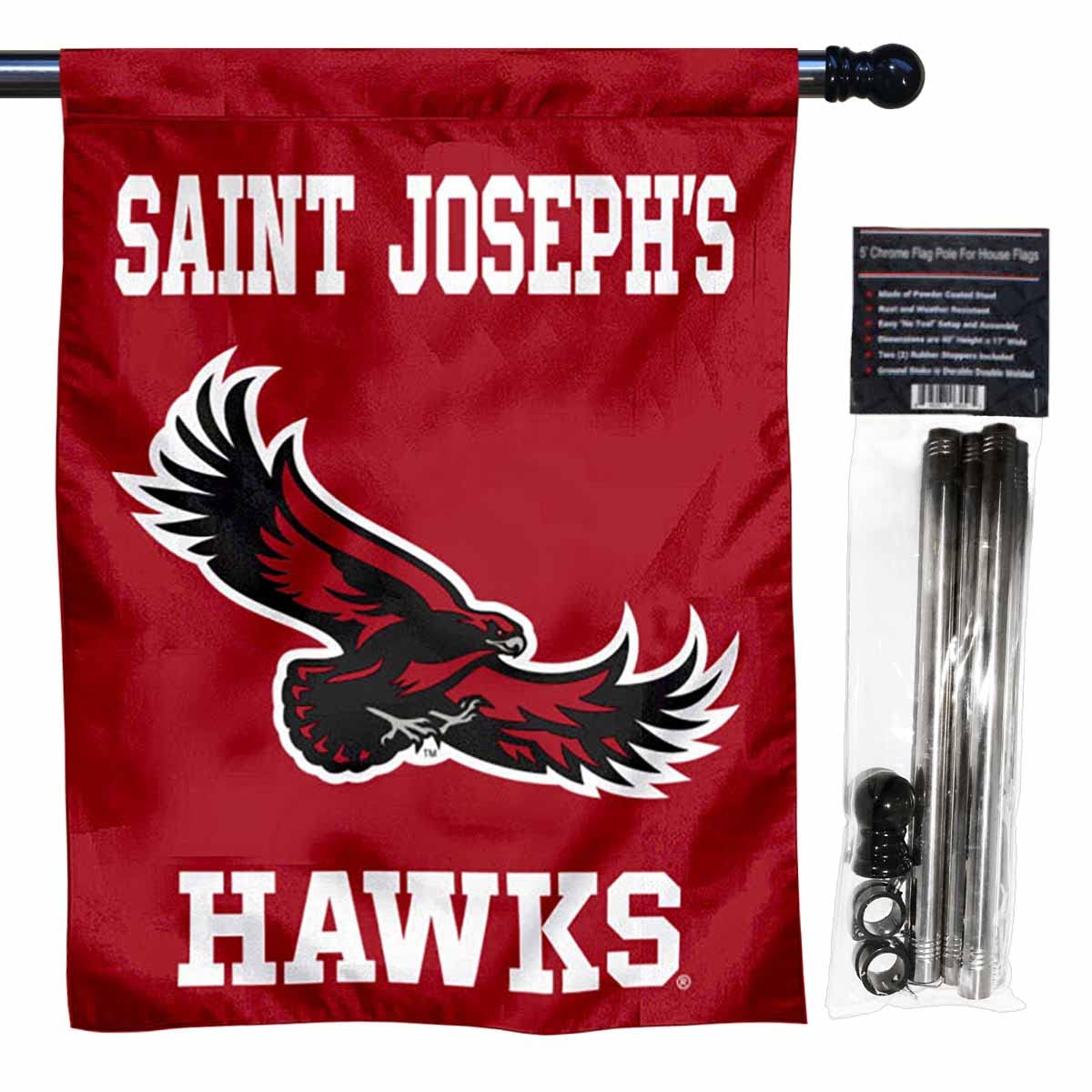 College Flags & Banners Co. Saint Joseph's Hawks Logo Double Sided House Flag with Flag Pole Set - Sports Collectibles, Sports Memorabilia, Sports Fan Shop, Sports Gifts