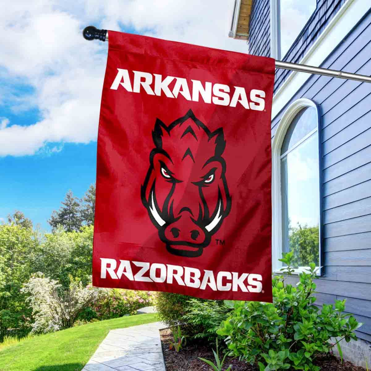 College Flags & Banners Co. Arkansas Razorbacks Two Logo House Flag with Flag Pole Set - Sports Collectibles, Sports Memorabilia, Sports Fan Shop, Sports Gifts