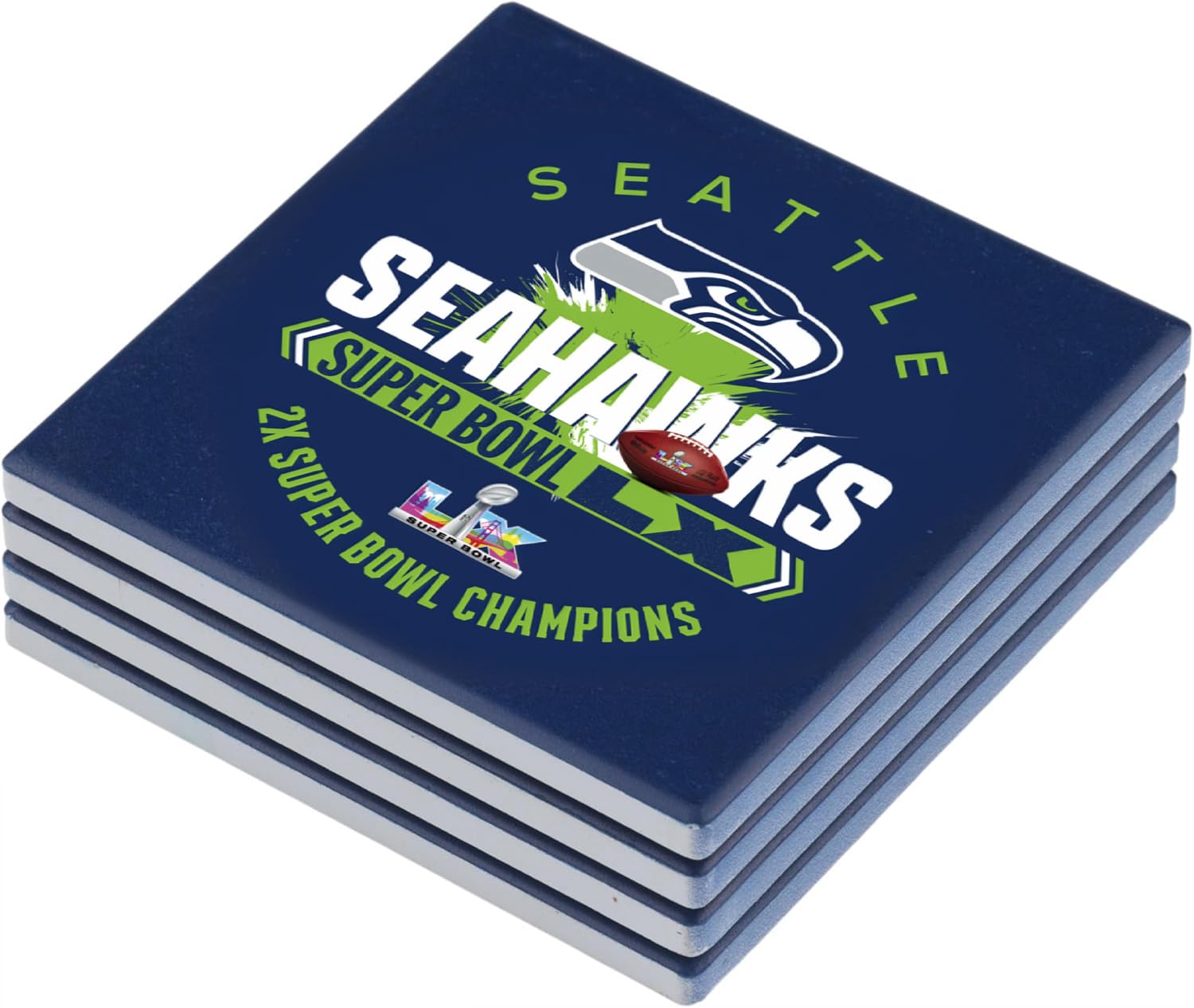 Fan Creations Seattle Seahawks Super Bowl LX Champions Coaster Set - Absorbent Ceramic Stone Drink Coasters with Cork Backing - Commemorative NFL Home & Man Cave Decor - 4-Pack - Sports Gifts, Sports Memorabilia, Sports Collectibles, Fan Shop