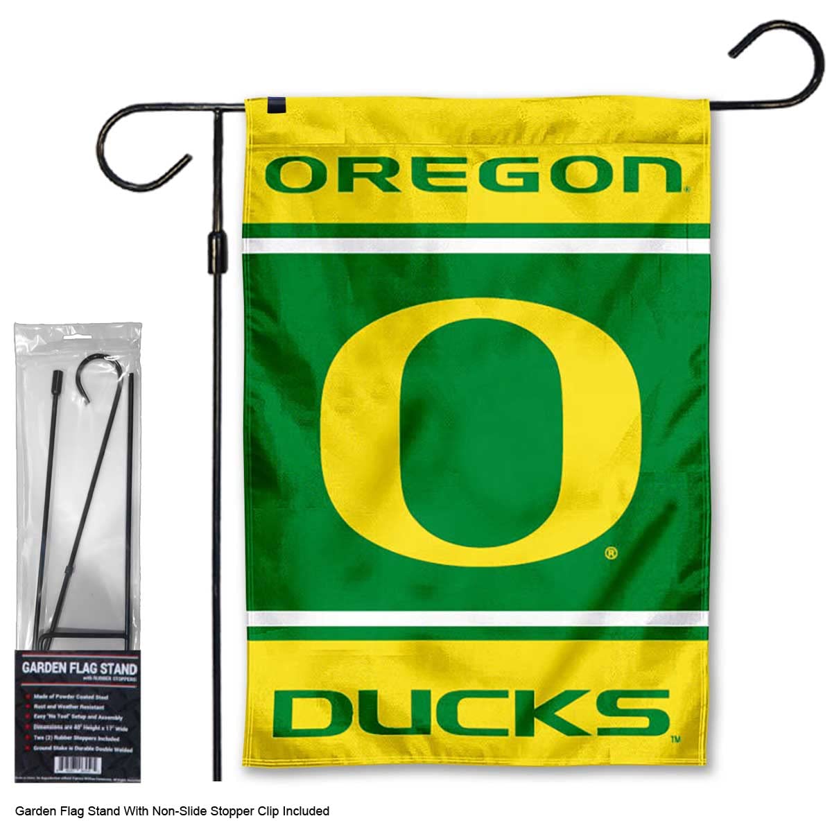 College Flags & Banners Co. Ducks Garden Banner Flag with Flag Pole Stand Set - Sports Collectibles, Sports Memorabilia, Sports Fan Shop, Sports Gifts