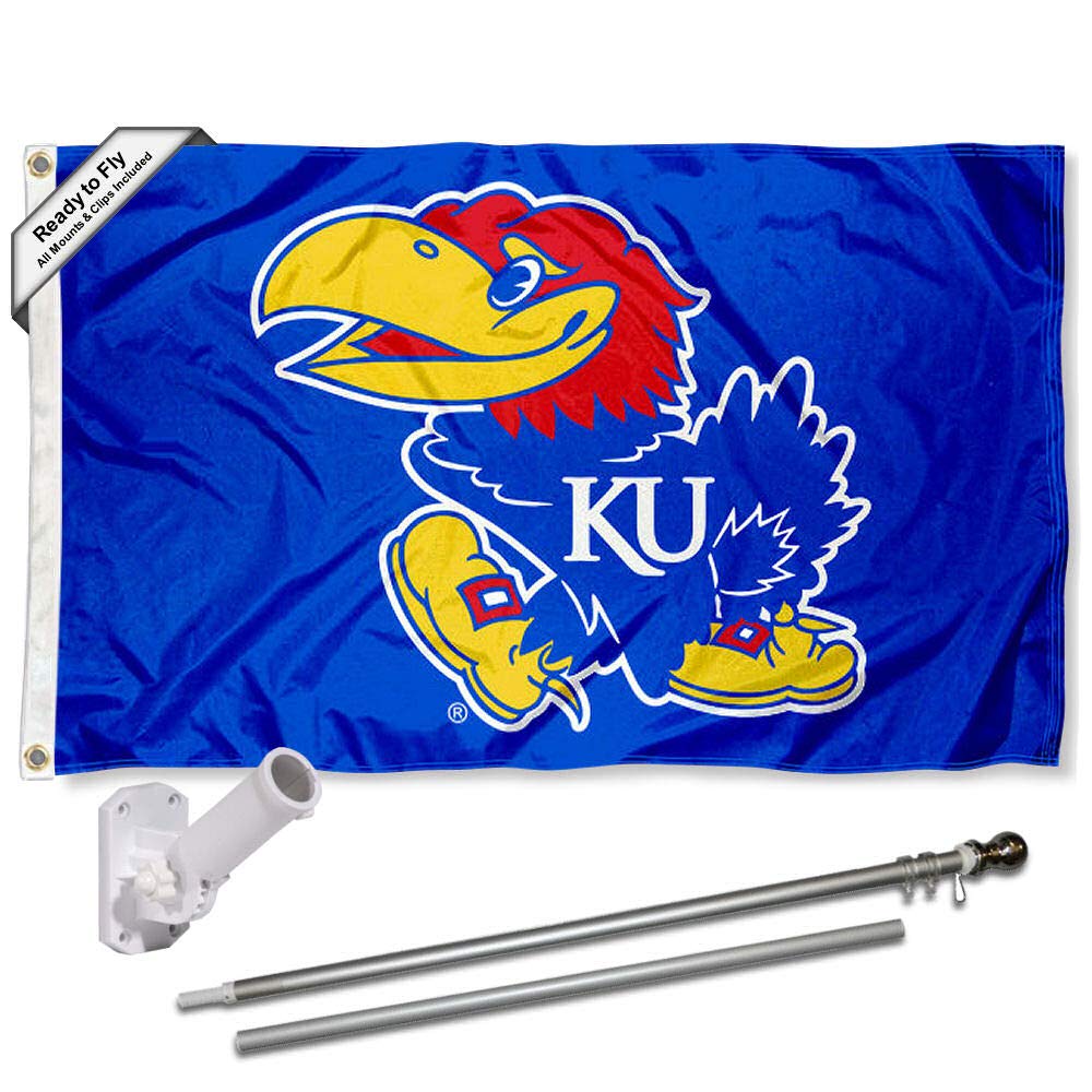College Flags & Banners Co. Kansas Jayhawks Flag with Pole and Bracket Complete Set - Sports Collectibles, Sports Memorabilia, Sports Fan Shop, Sports Gifts