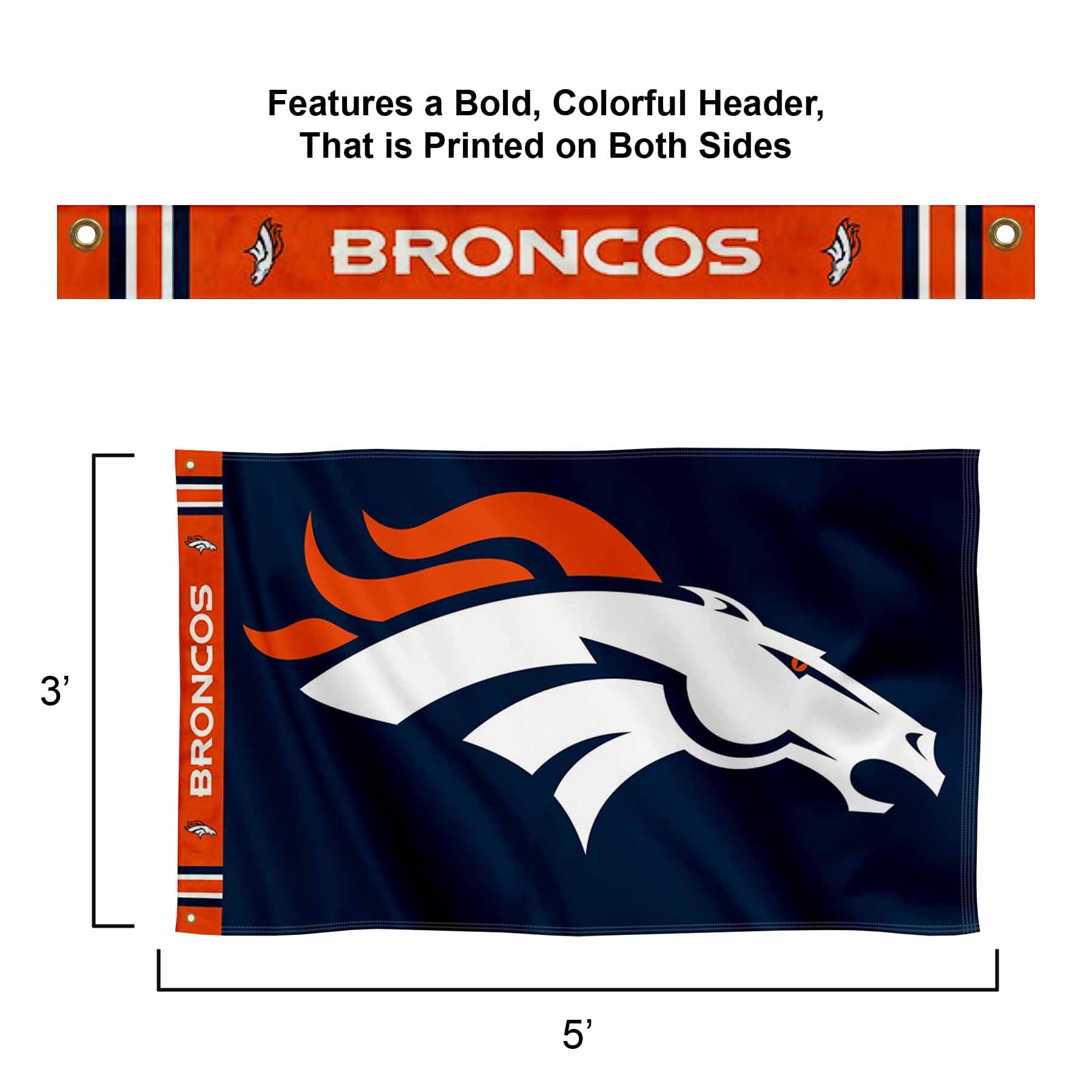 WinCraft Denver Broncos Printed Header 3x5 Foot Banner Flag - Sports Collectibles, Sports Memorabilia, Sports Fan Shop, Sports Gifts
