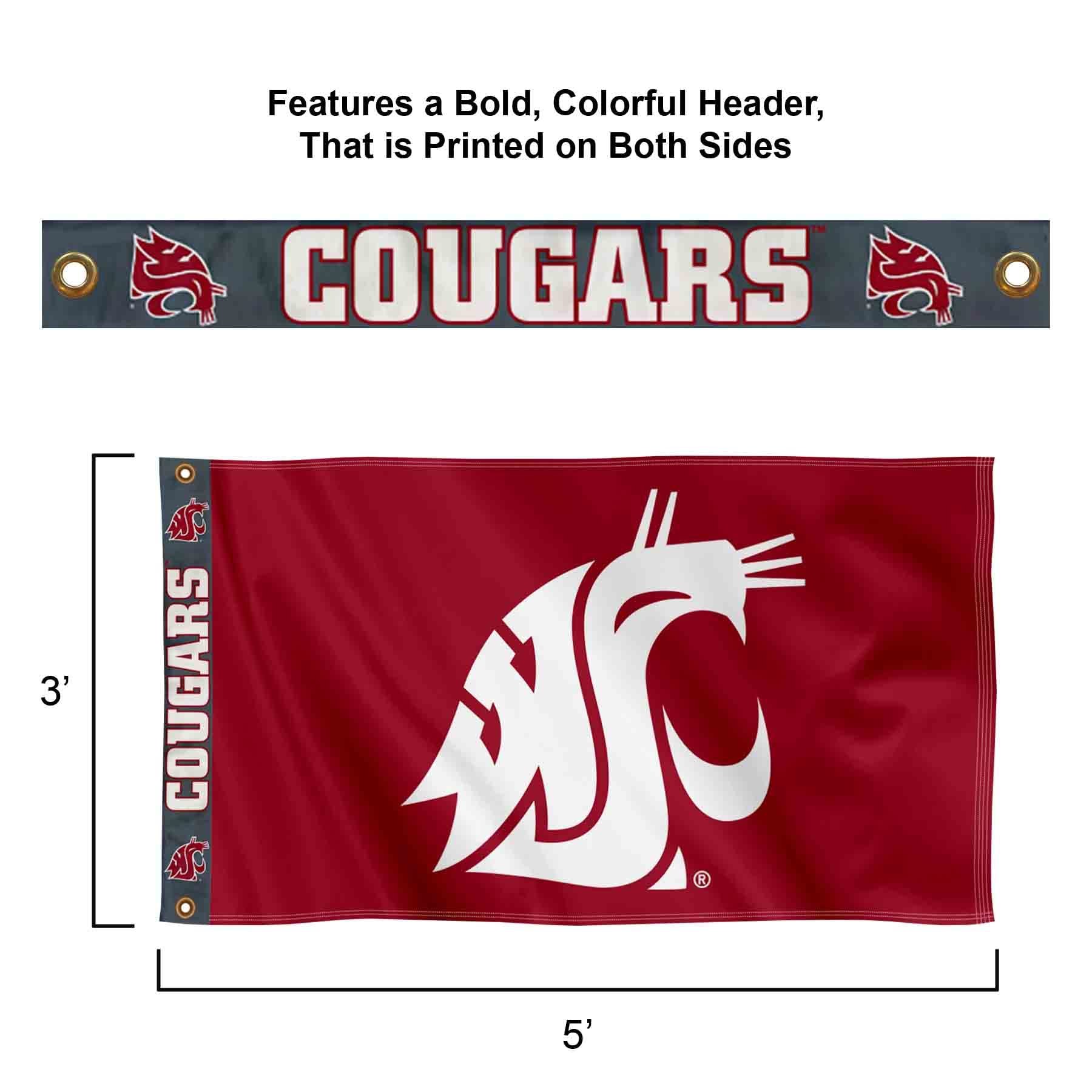 College Flags & Banners Co. Washington State Cougars Printed Header 3x5 Foot Banner Flag - Sports Collectibles, Sports Memorabilia, Sports Fan Shop, Sports Gifts