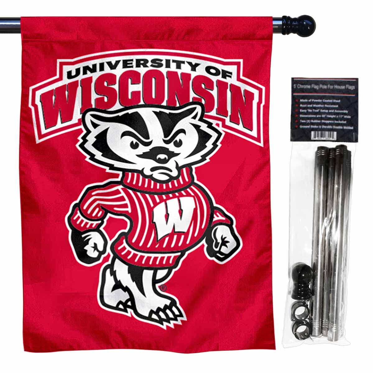 University of Wisconsin House Flag with Flag Pole Set - Sports Collectibles, Sports Memorabilia, Sports Fan Shop, Sports Gifts