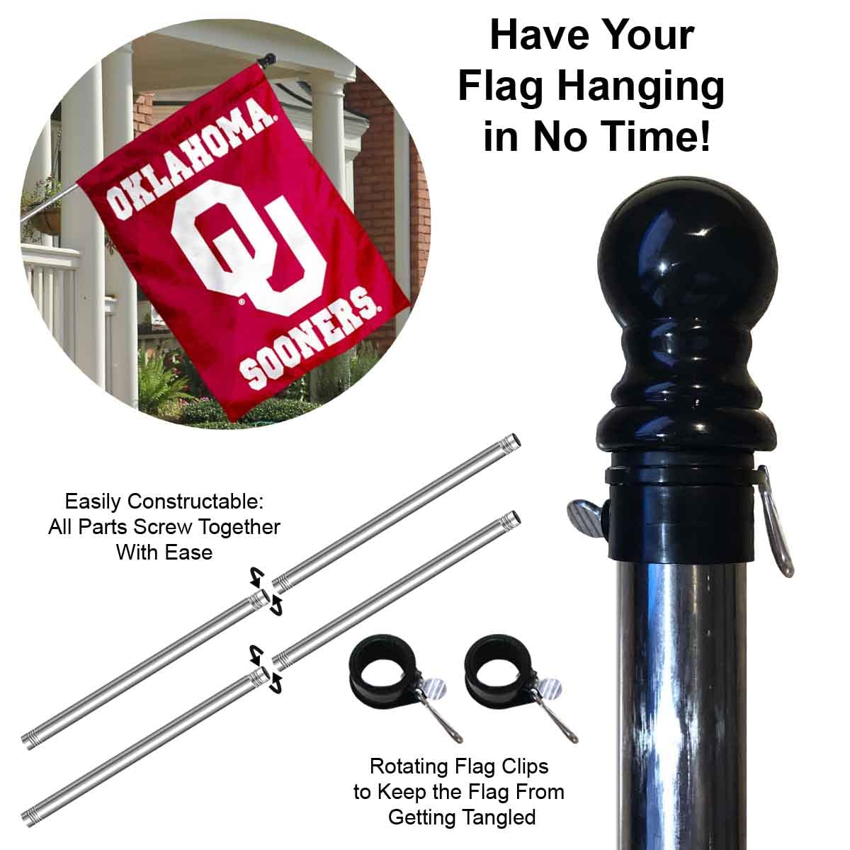 College Flags & Banners Co. University of Oklahoma House Flag with Pole Set - Sports Collectibles, Sports Memorabilia, Sports Fan Shop, Sports Gifts
