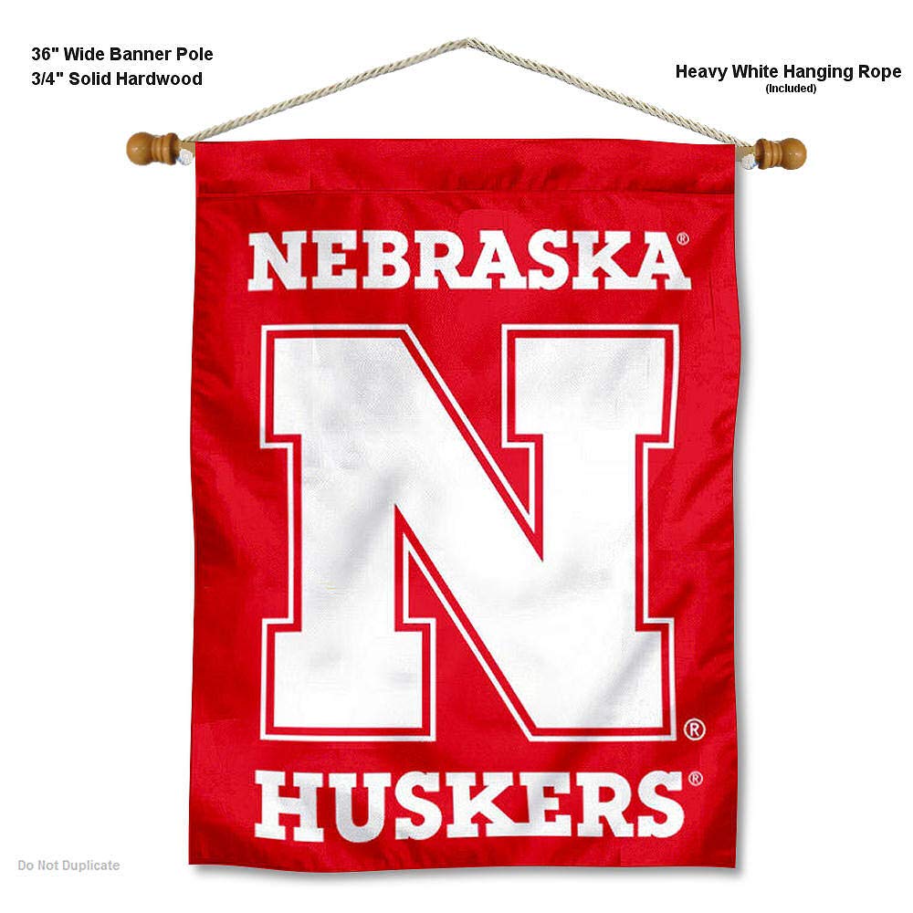 College Flags & Banners Co. Nebraska Huskers New Logo Red House Flag and Wood Banner Pole Set - Sports Collectibles, Sports Memorabilia, Sports Fan Shop, Sports Gifts