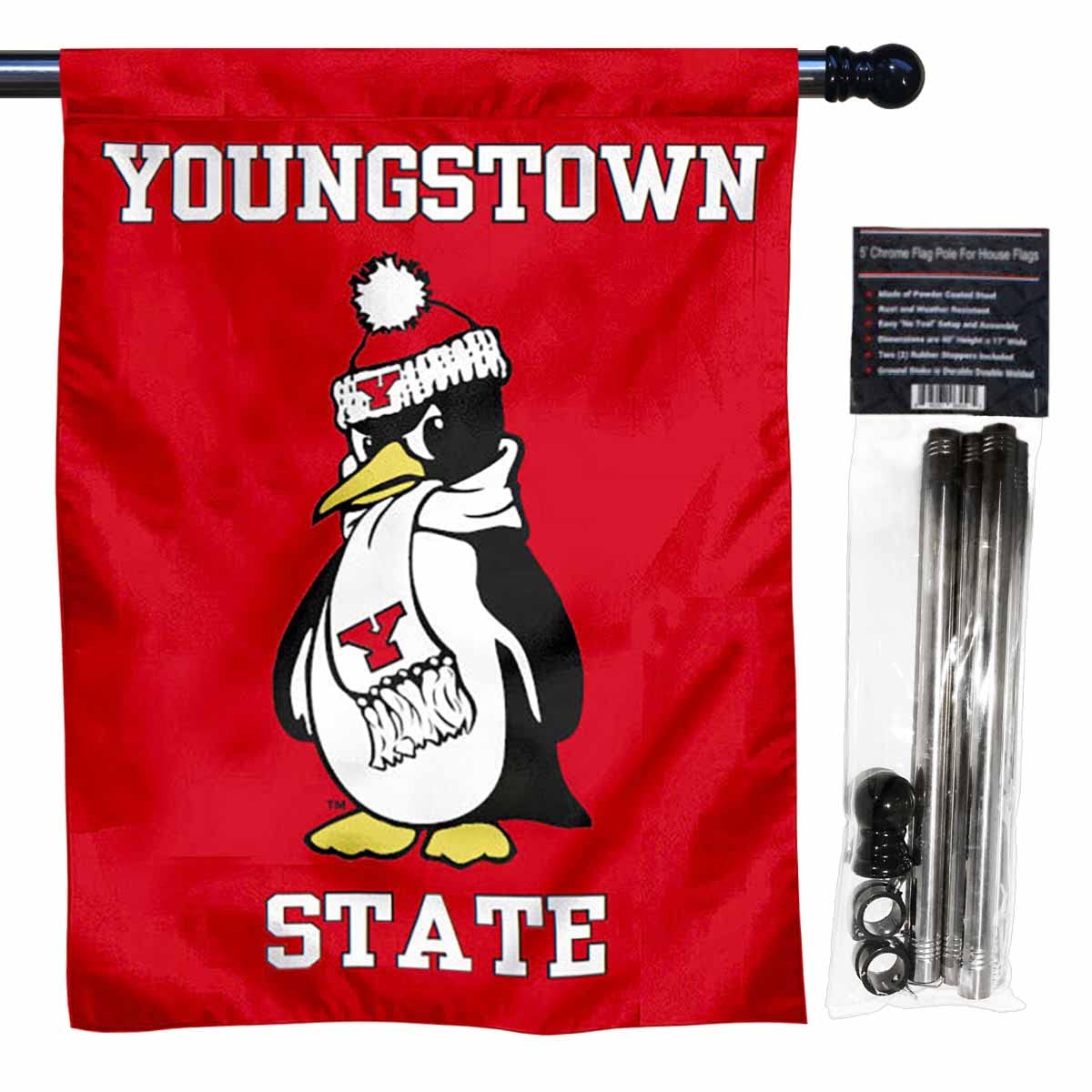 College Flags & Banners Co. YSU Penguins Banner Flag with Flag Pole Set - Sports Collectibles, Sports Memorabilia, Sports Fan Shop, Sports Gifts