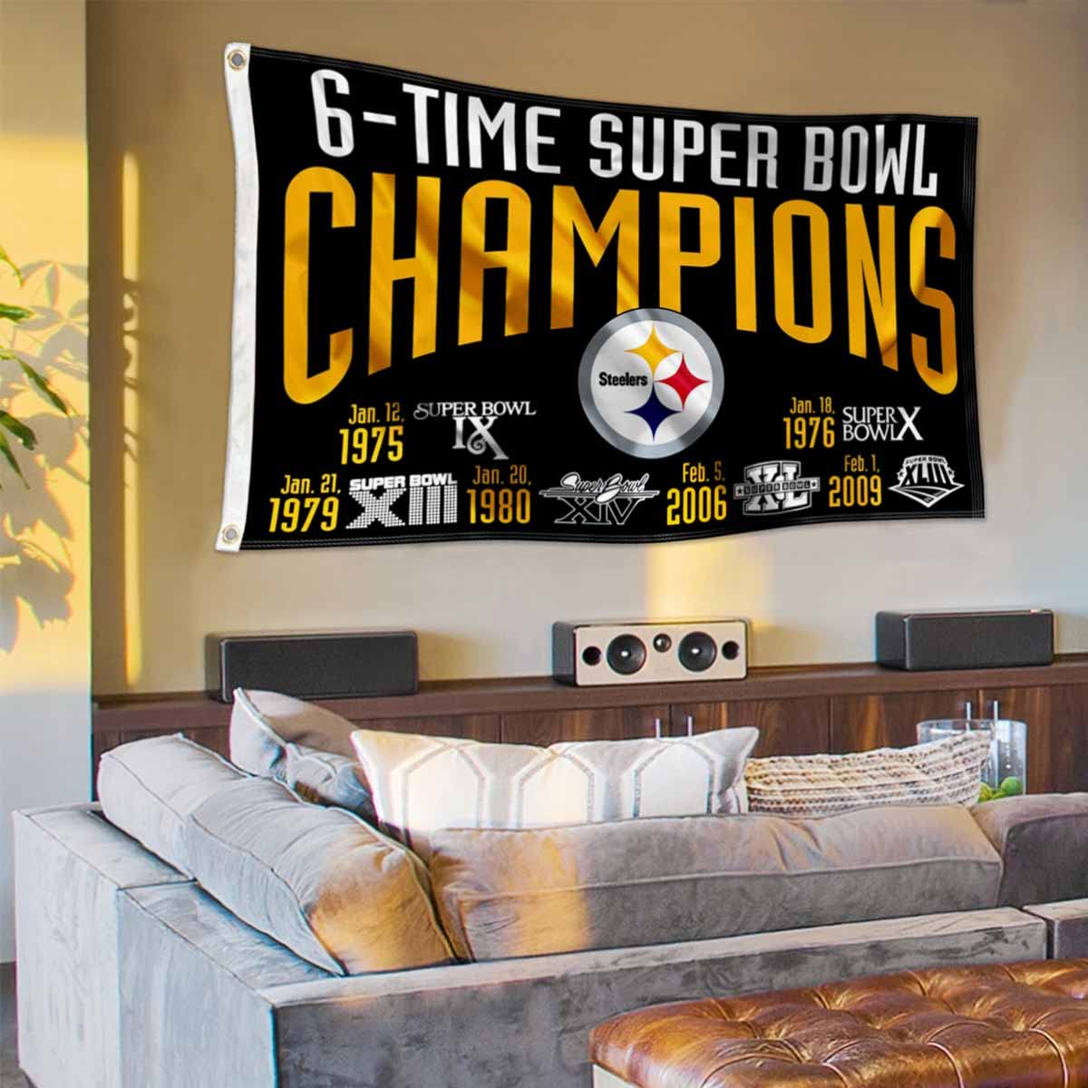 WinCraft Pittsburgh Steelers 6X and 6 Time Super Bowl Champions Flag Outdoor Indoor 3x5 Foot Banner - Sports Collectibles, Sports Memorabilia, Sports Fan Shop, Sports Gifts