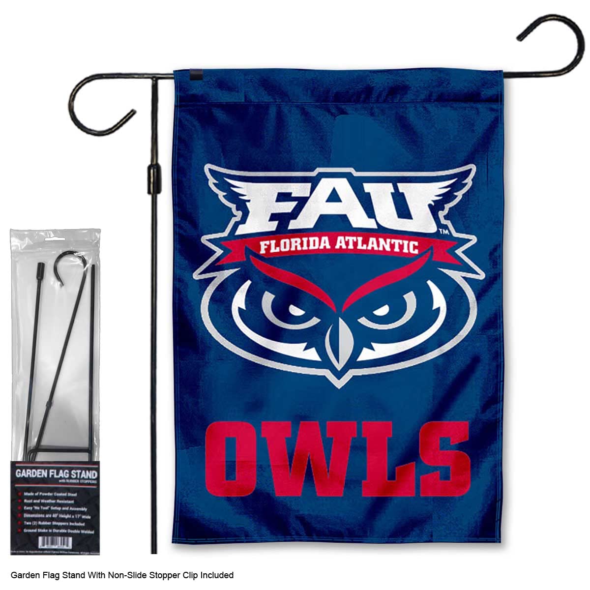 College Flags & Banners Co. Florida Atlantic Owls Garden Banner Flag with Stand Pole Holder - Sports Collectibles, Sports Memorabilia, Sports Fan Shop, Sports Gifts