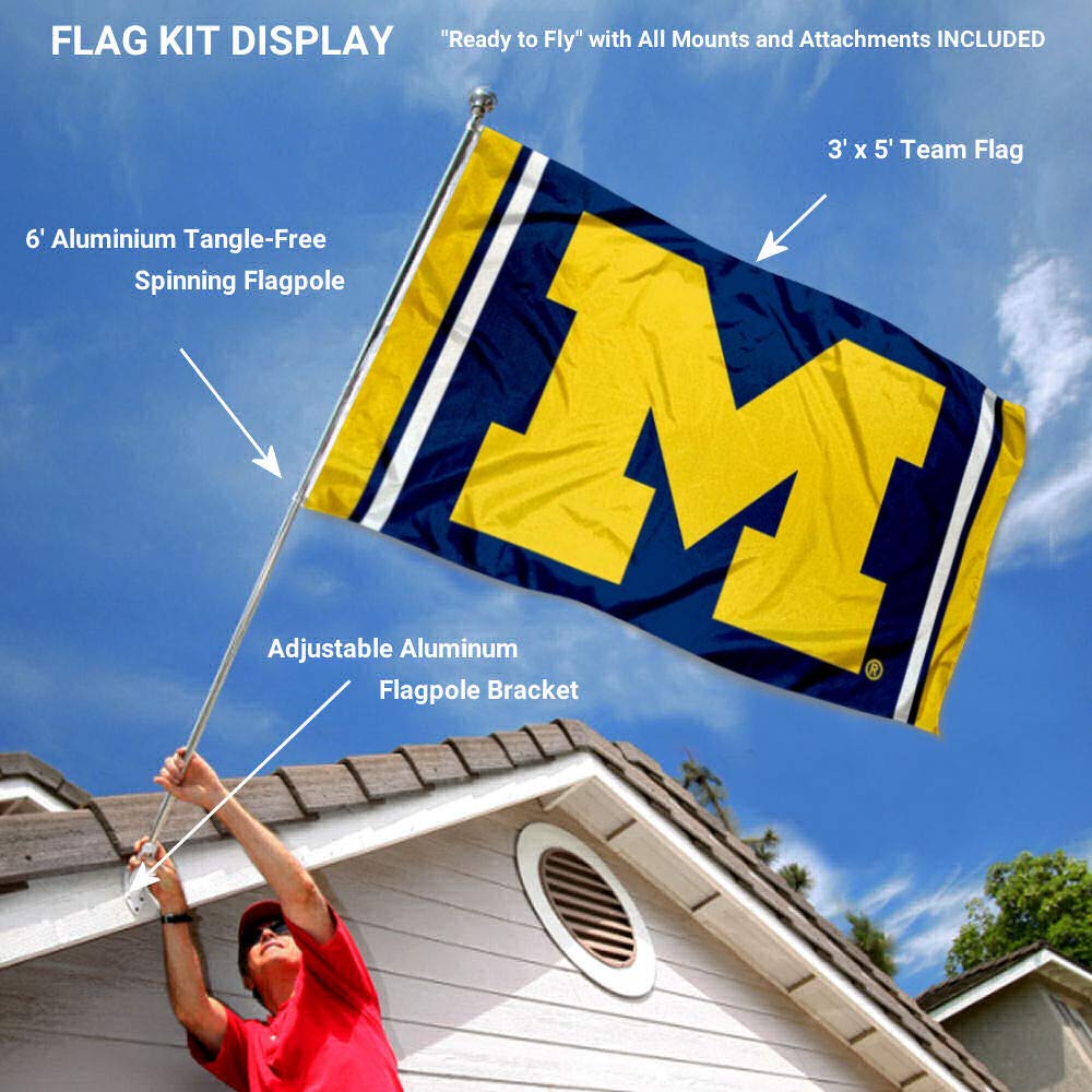 College Flags & Banners Co. Michigan Team University Wolverines Stripes Flag with Pole and Bracket Kit - Sports Collectibles, Sports Memorabilia, Sports Fan Shop, Sports Gifts