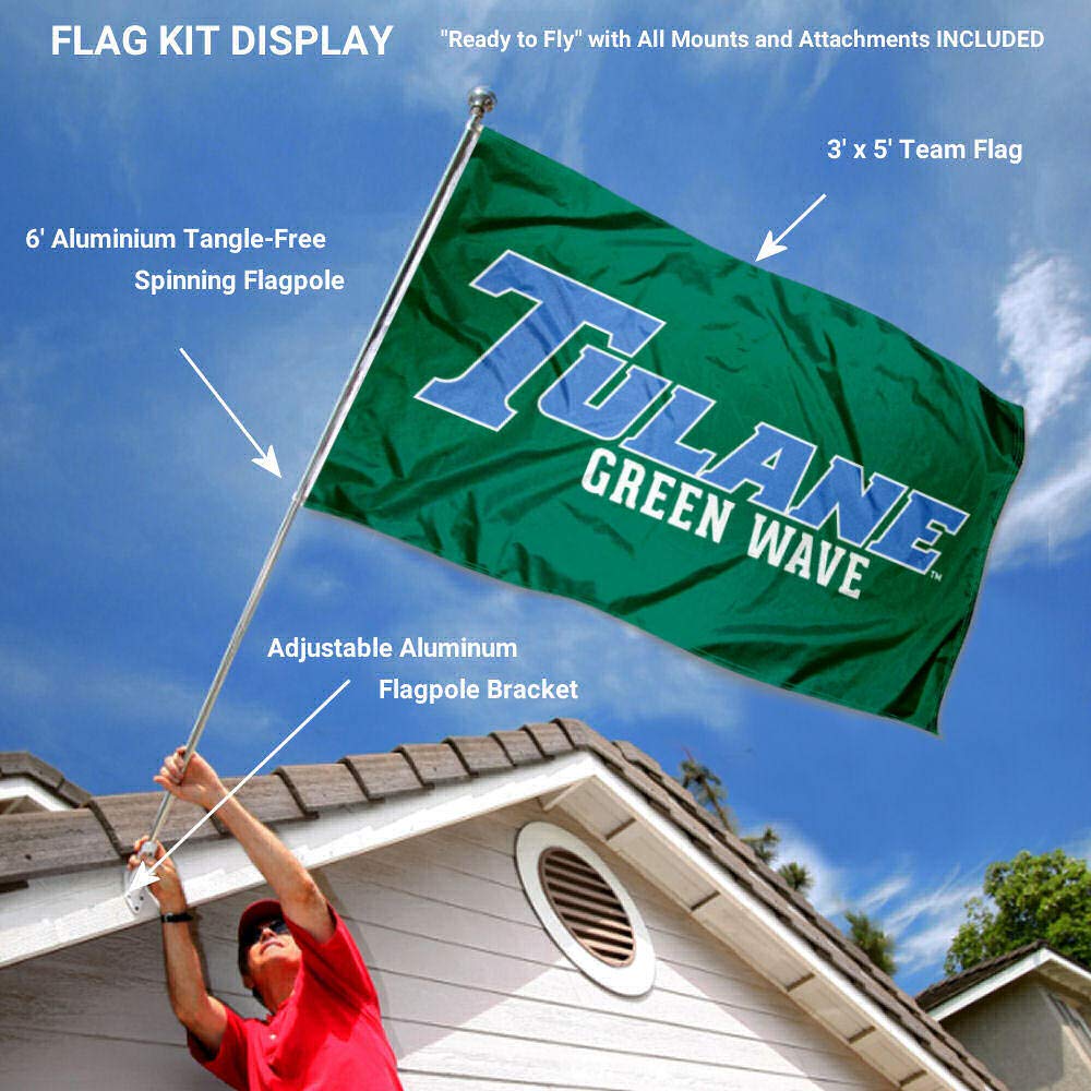 College Flags & Banners Co. Tulane Green Wave Flag with Pole and Bracket Holder University Set - Sports Collectibles, Sports Memorabilia, Sports Fan Shop, Sports Gifts
