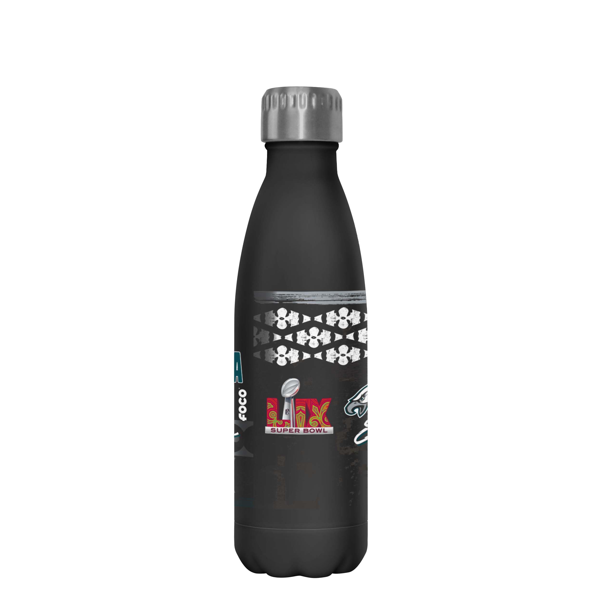 FOCO Philadelphia Eagles NFL Super Bowl LIX Champions 17 oz Stainless Steel Bottle - Stencil Black Diamond - Sports Collectibles, Sports Memorabilia, Sports Fan Shop, Sports Gifts