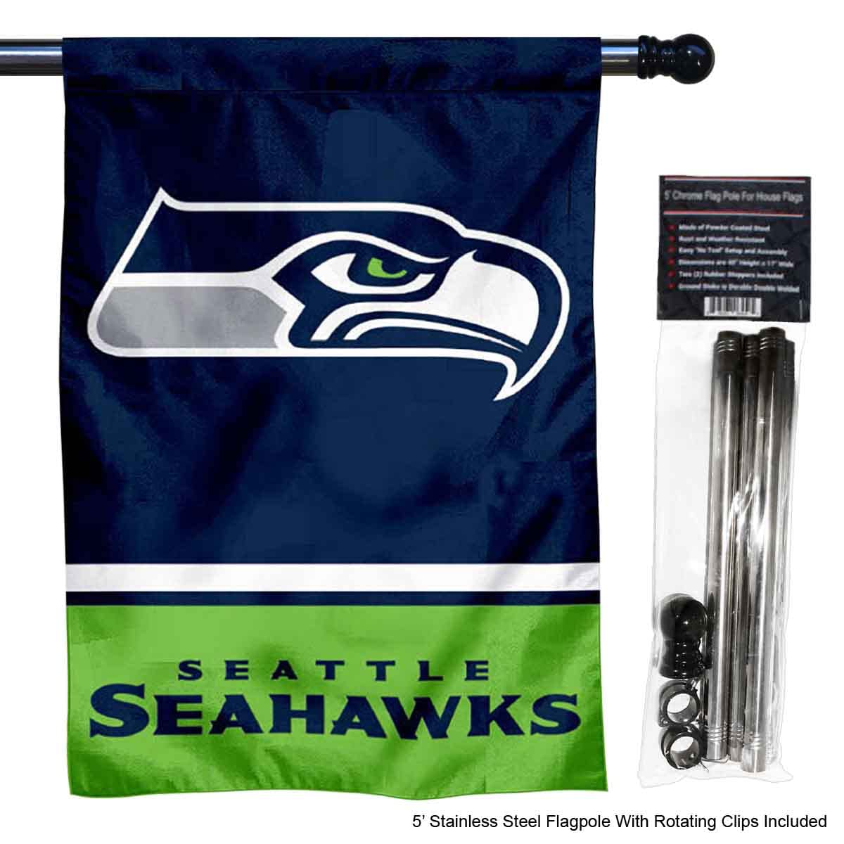 WinCraft Seahawks Banner House Flag and 5 Foot Flagpole Set - Sports Collectibles, Sports Memorabilia, Sports Fan Shop, Sports Gifts