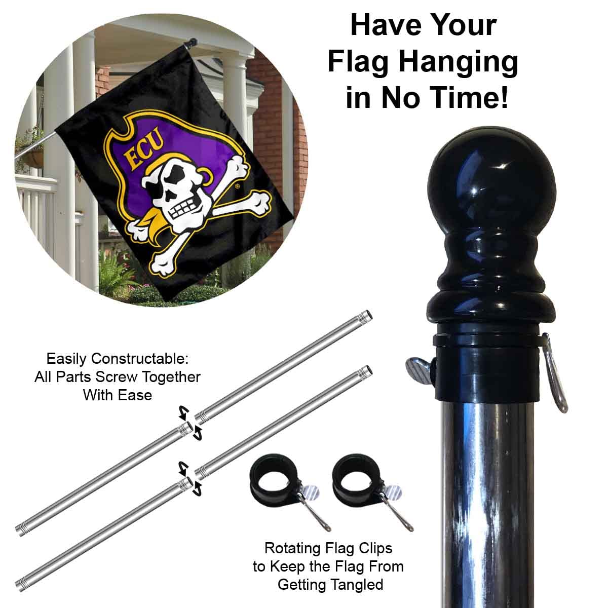East Carolina Pirates Double Sided House Flag with Flag Pole Set - Sports Collectibles, Sports Memorabilia, Sports Fan Shop, Sports Gifts
