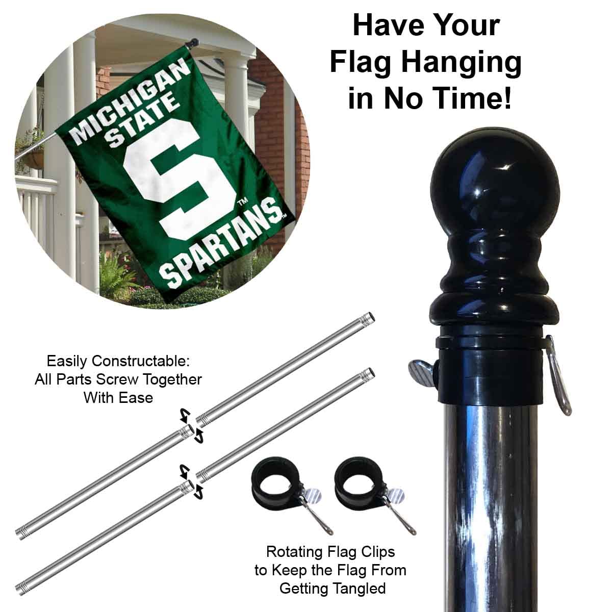 Michigan State University House Flag with Flag Pole Set - Sports Collectibles, Sports Memorabilia, Sports Fan Shop, Sports Gifts